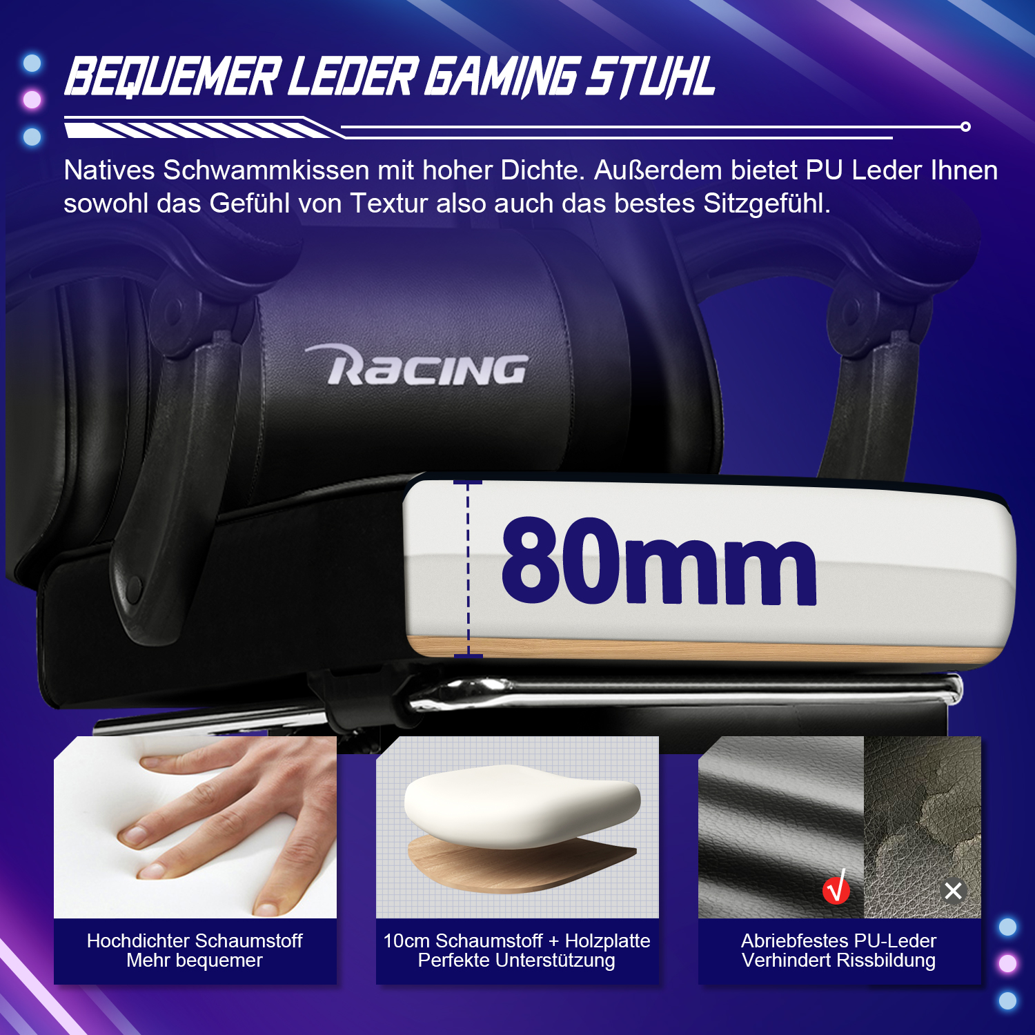 Nahaufnahme eines schwarzen Gaming-Stuhls mit Schaum-, Holz- und Lederdetails.