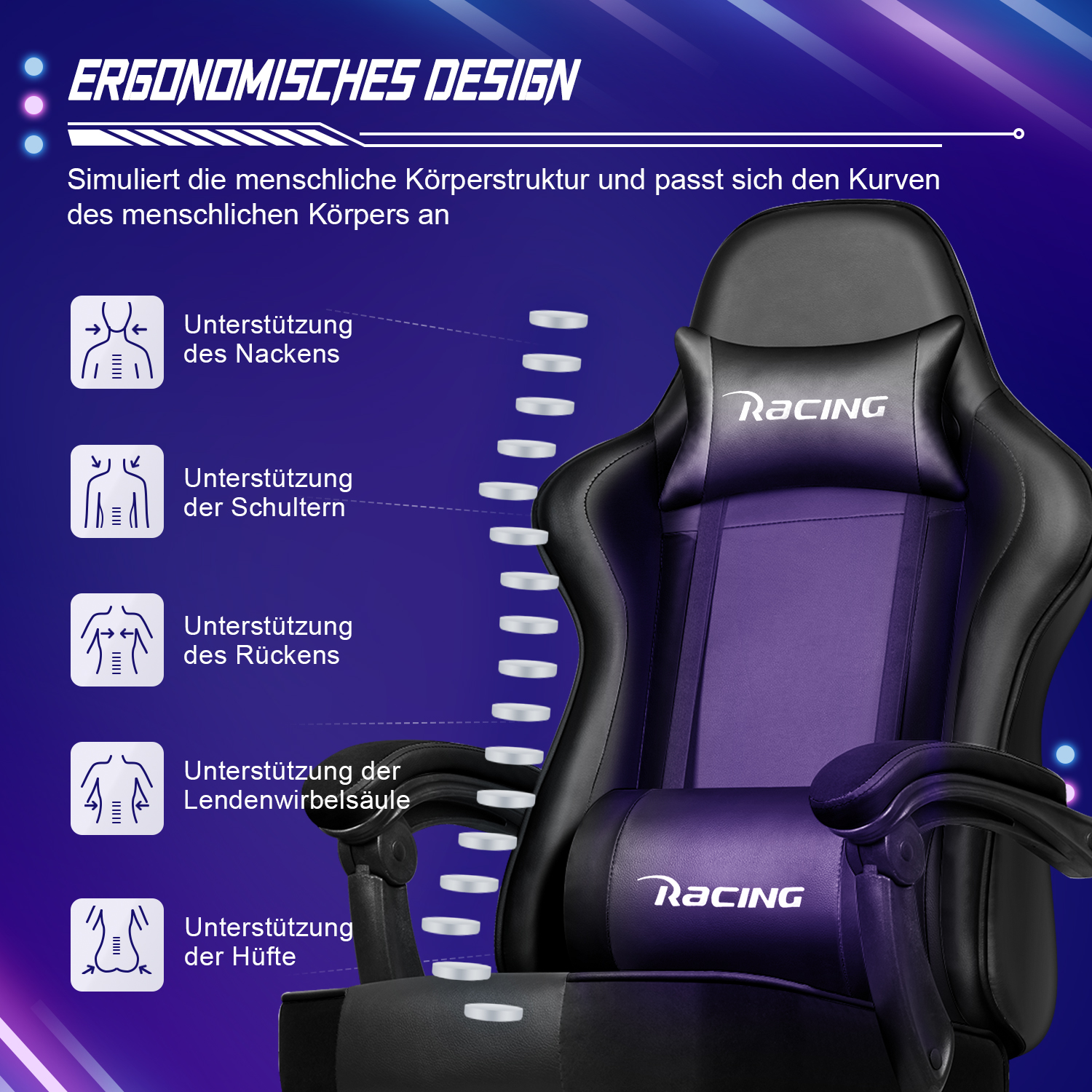 Lila Gaming-Stuhl mit ergonomischen Designmerkmalen und Racing-Logo.