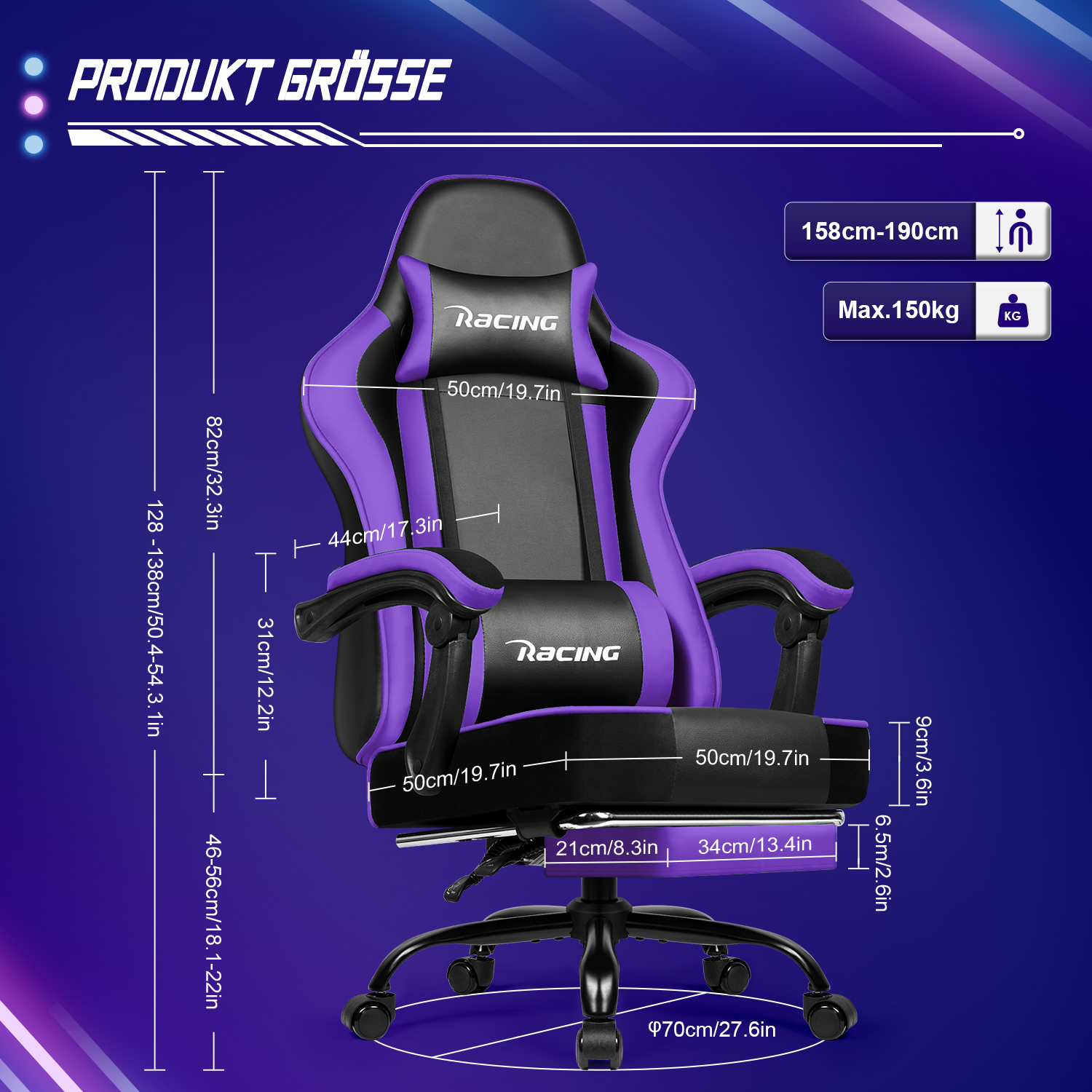 Lila-schwarzer Gaming-Stuhl mit Maßen und Racing-Logo.