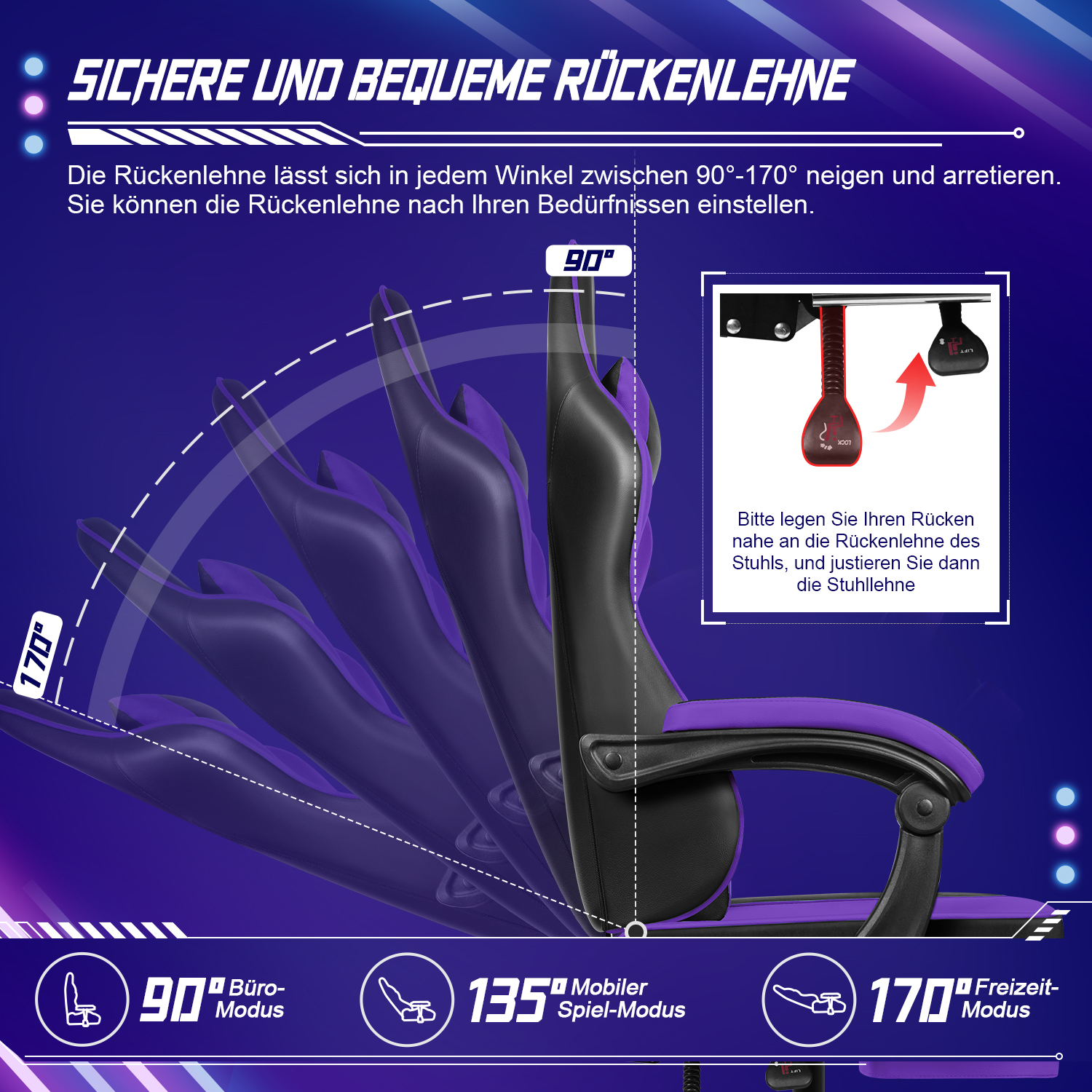 Diagramm, das die Liegepositionen eines lila Gaming-Stuhls zeigt.