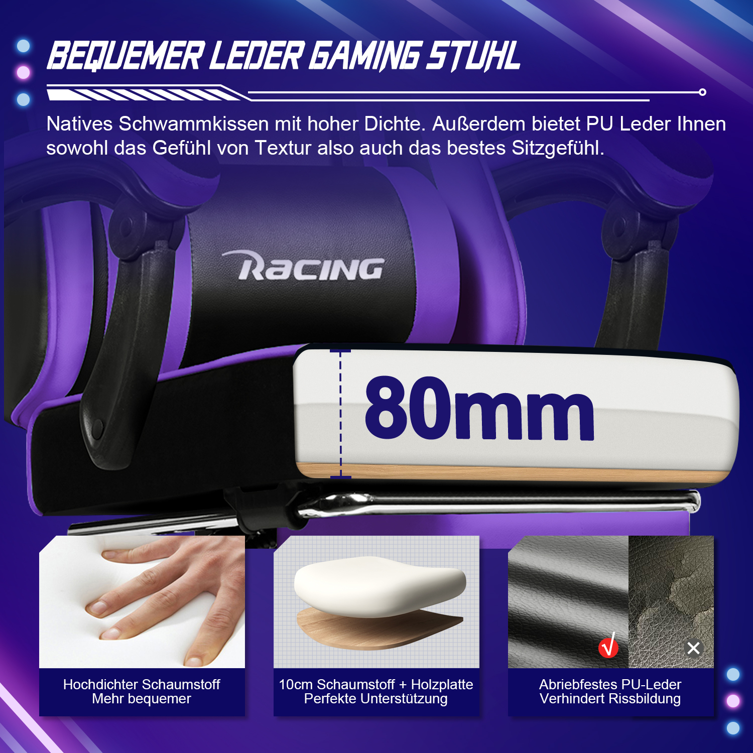 Nahaufnahme eines lila Gaming-Stuhls mit Schaum-, Holz- und Lederdetails.