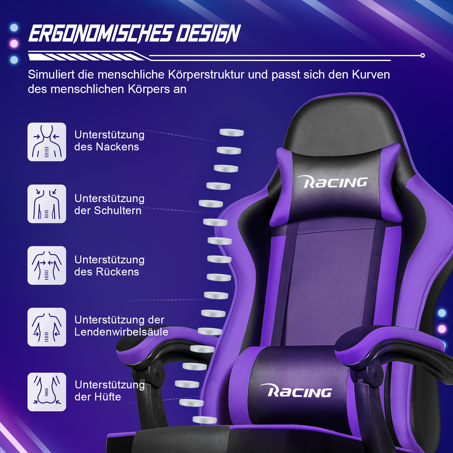 Lila Gaming-Stuhl mit ergonomischen Designmerkmalen. Racing-Logo.