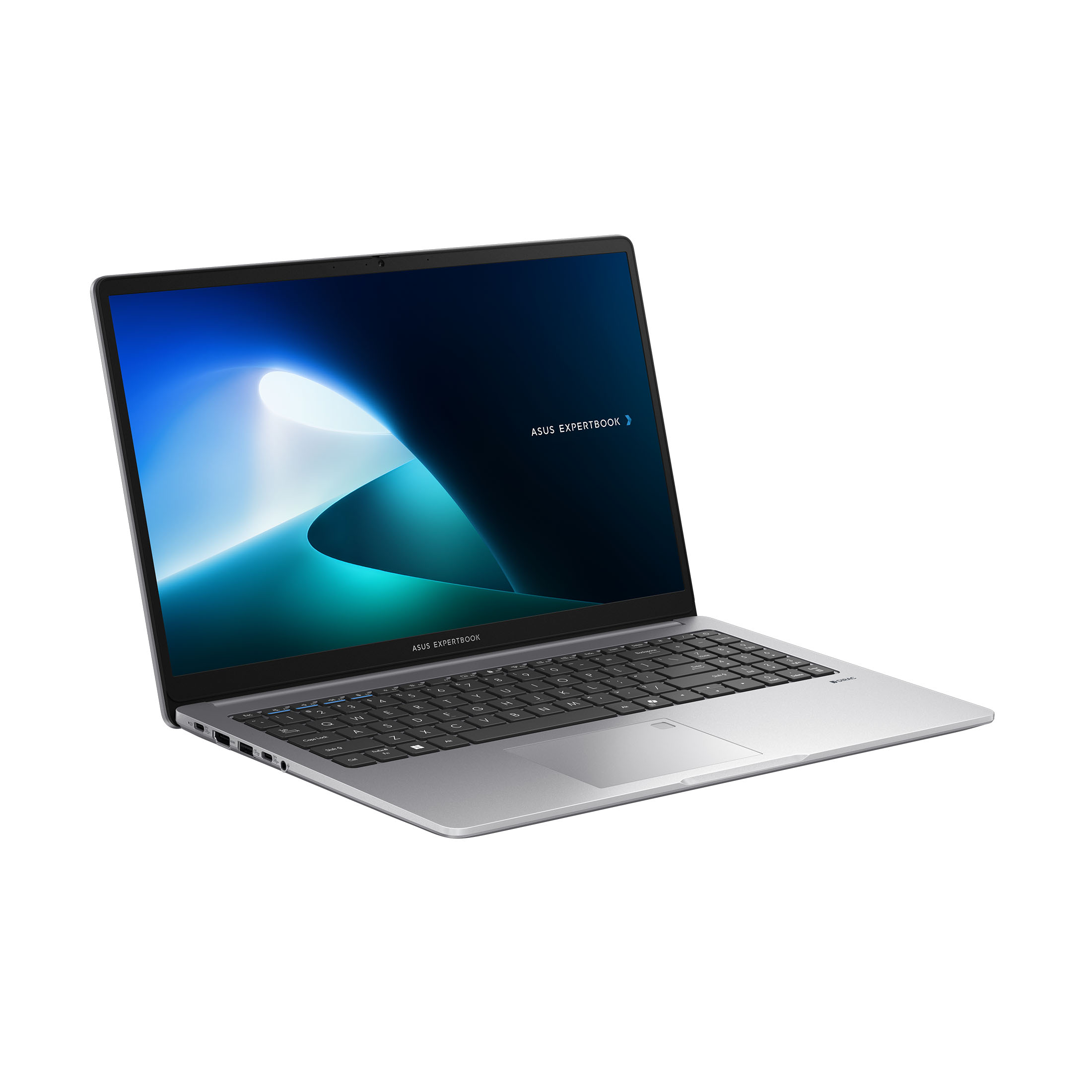 Silberner Laptop, schräge Ansicht. Bildschirm zeigt blaue und türkisfarbene Grafik. Asus ExpertBook-Logo.