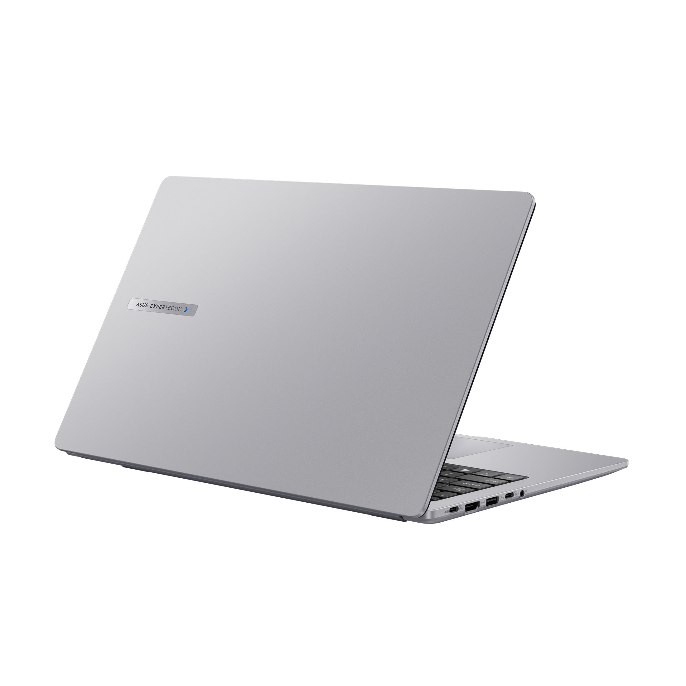 Silberner Laptop, Rückansicht, auf weißem Hintergrund. ASUS ExpertBook-Logo auf dem Deckel. Zeigt Portdetails und ein Scharnier.