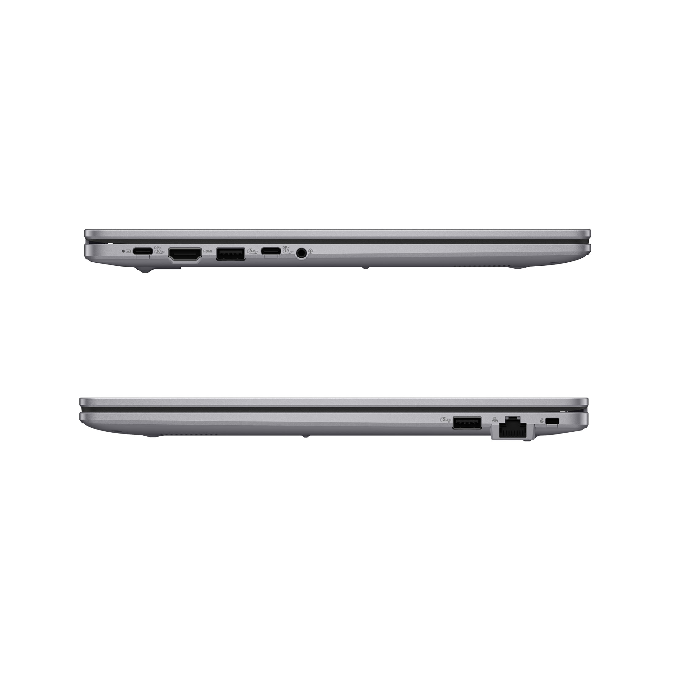 Zwei silberne Laptops, Seitenansicht. Anschlüsse und Lüftungsschlitze sichtbar. Obere und untere Ansicht.