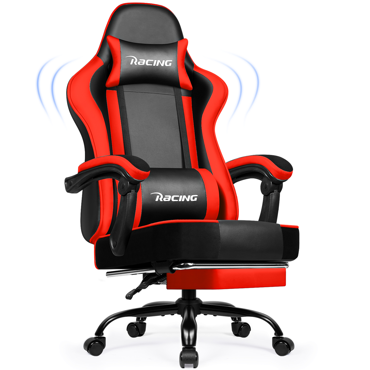 Ein rot-schwarzer Gaming-Rennstuhl mit Armlehnen und Rollen, mit einer Kopfstütze mit der Aufschrift 'RACING'.