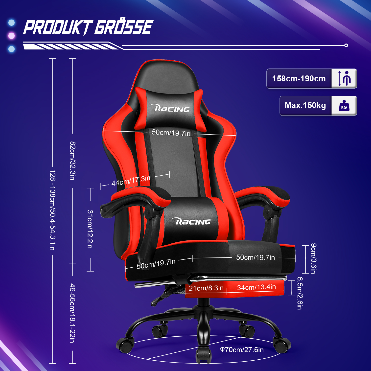 Diagramm eines rot-schwarzen Gaming-Stuhls mit Abmessungen, einschließlich Höhe, Breite und Sitzmaßen.