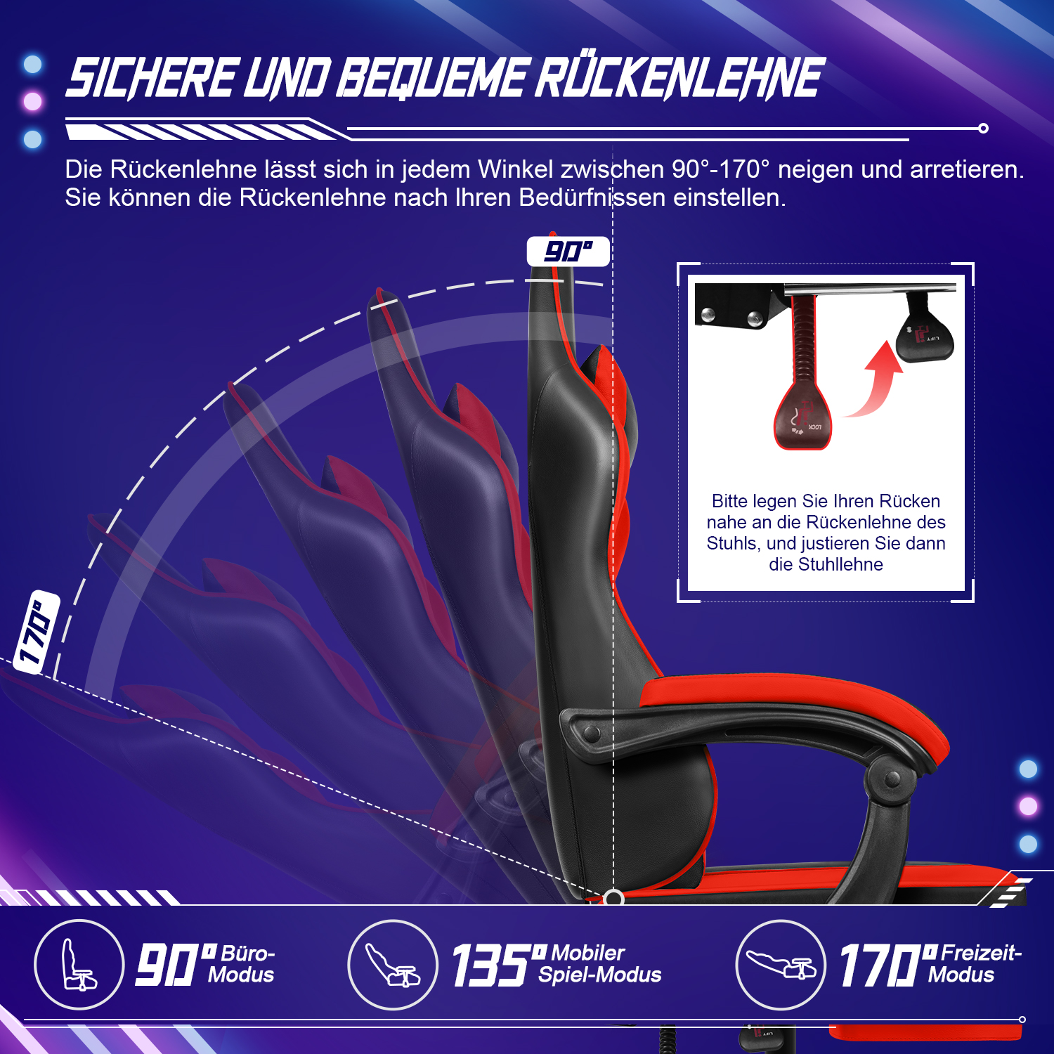 Diagramm der neigbaren Rückenlehne eines rot-schwarzen Gaming-Stuhls mit verschiedenen Winkeleinstellungen von 90 bis 170 Grad.