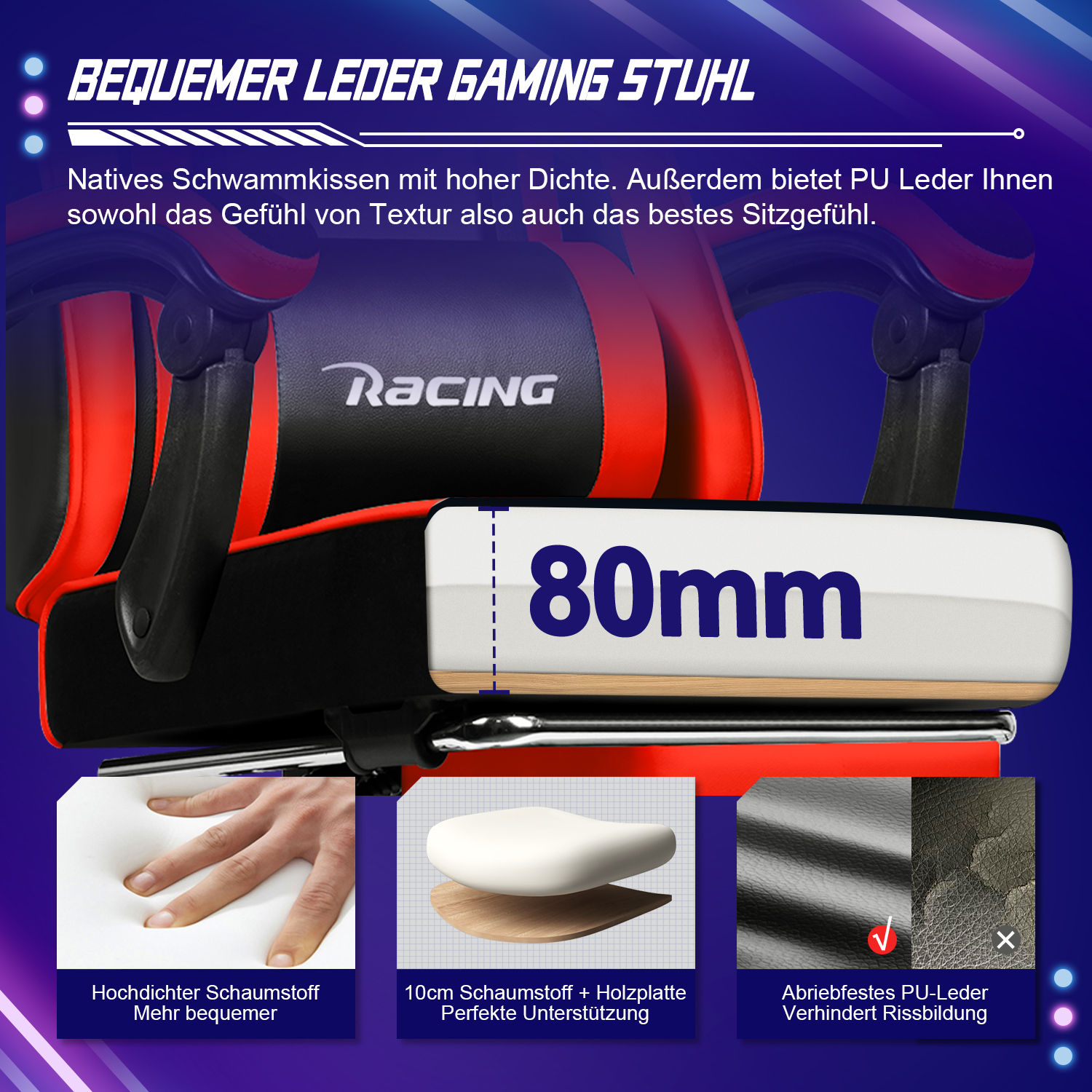 Nahaufnahme, die Materialien eines rot-schwarzen Gaming-Stuhls zeigt, einschließlich Schaumstoff, Holz und PU-Leder mit rotem Häkchen.