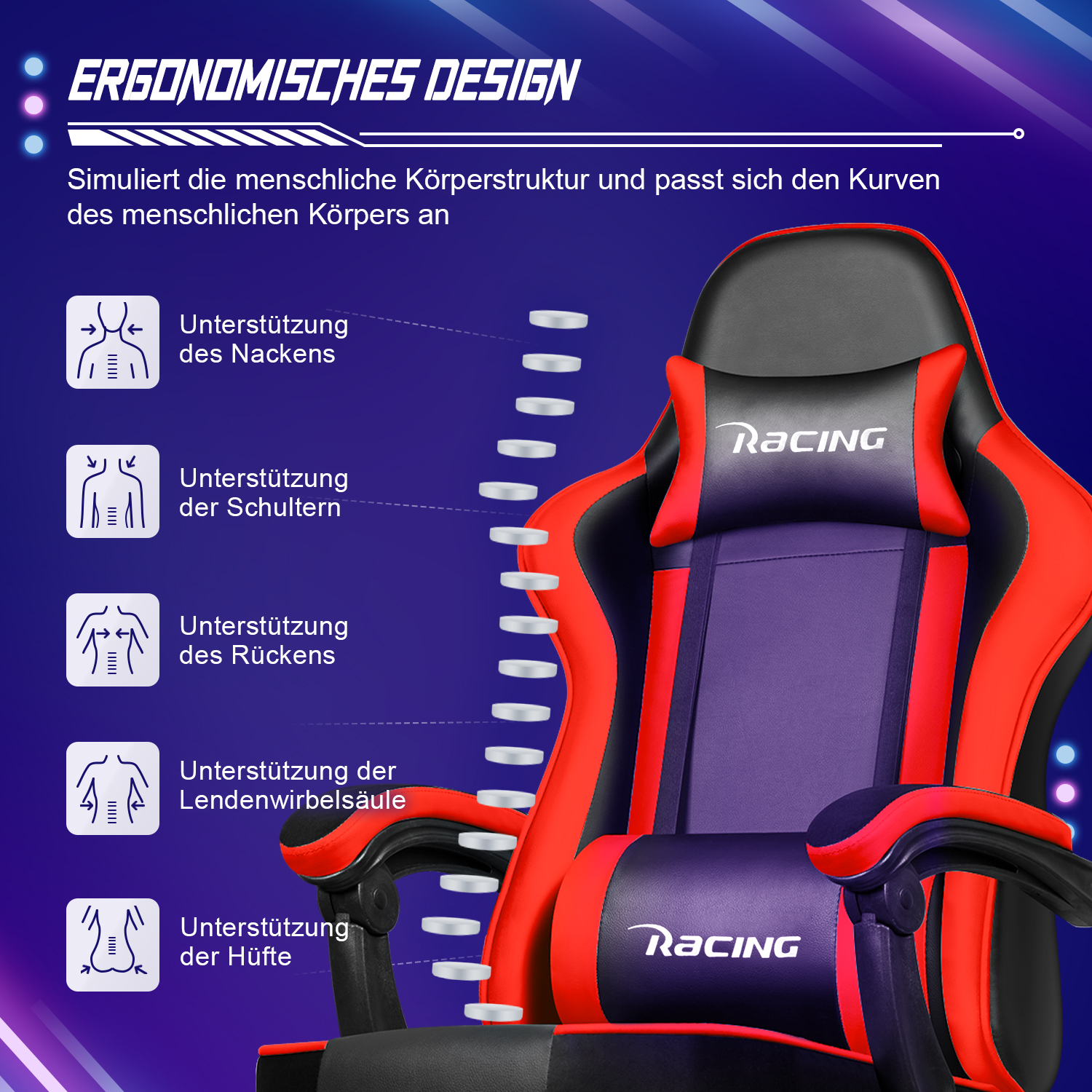 Diagramm mit ergonomischen Merkmalen eines rot-schwarzen Gaming-Stuhls, das Nacken-, Schulter-, Rücken- und Hüftunterstützung hervorhebt.