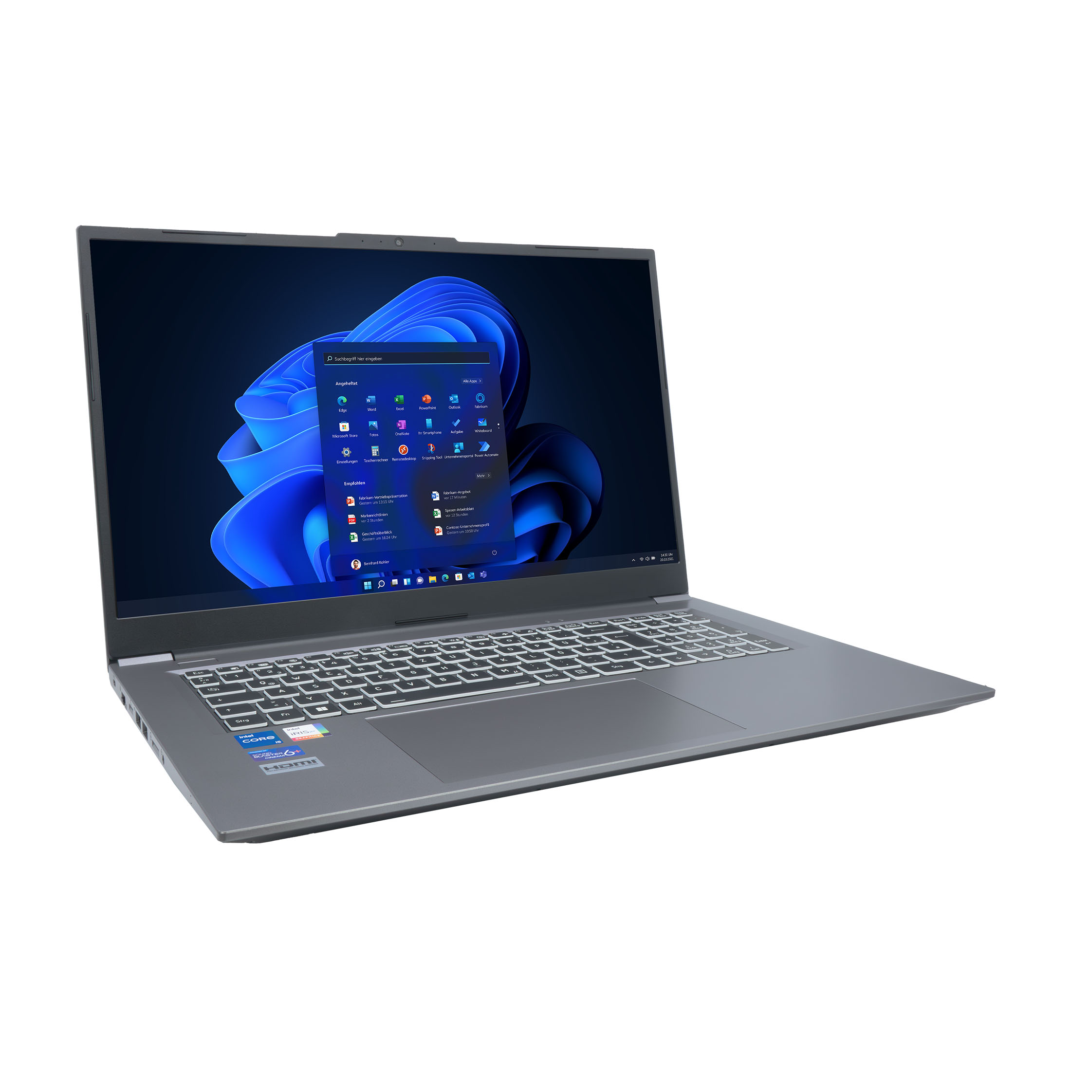 Grauer Laptop angewinkelt, Windows-Bildschirm. Tastatur und Webcam sind sichtbar. Weißer Hintergrund.