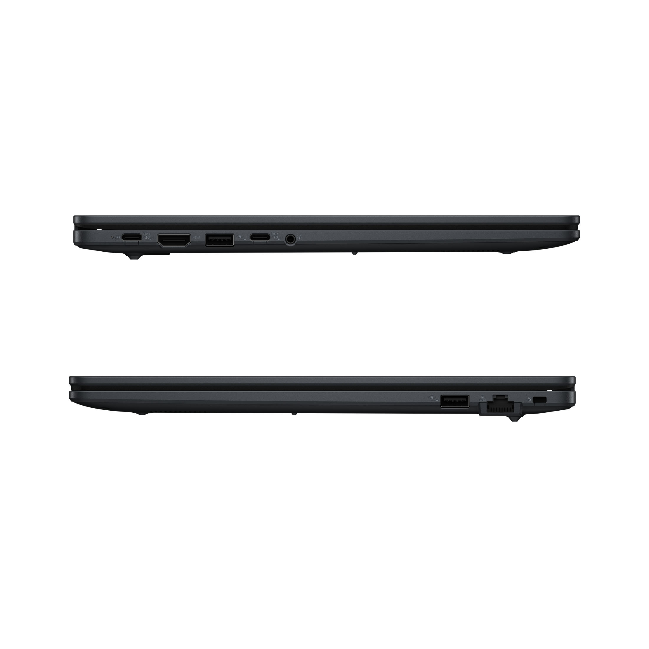 Zwei schwarze Laptops von der Seite gesehen, die Anschlüsse zeigen. Der Hintergrund ist weiß.