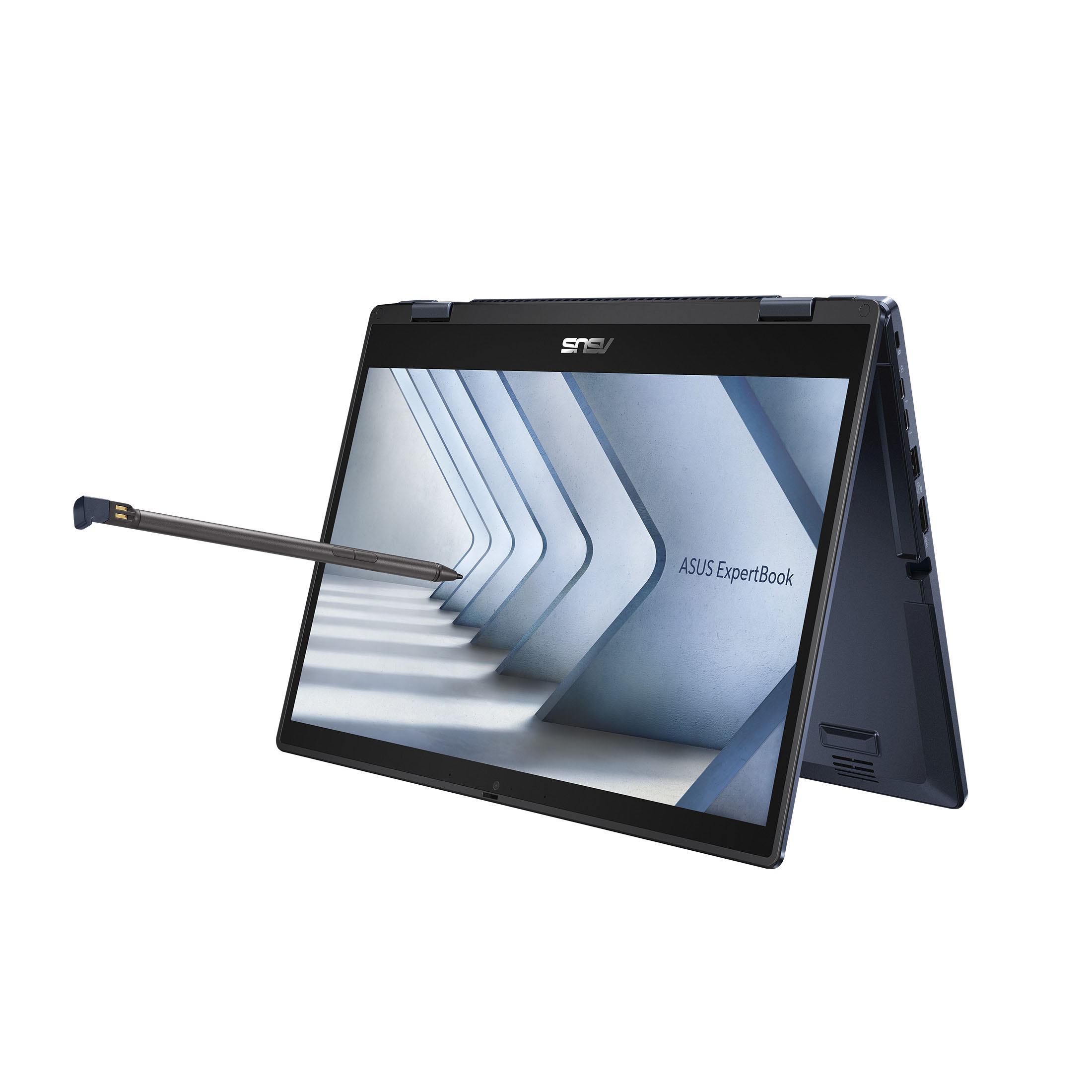 Dunkelblauer Laptop ist geöffnet, der Bildschirm ist dem Betrachter zugewandt. Stift zeigt auf den Bildschirm.