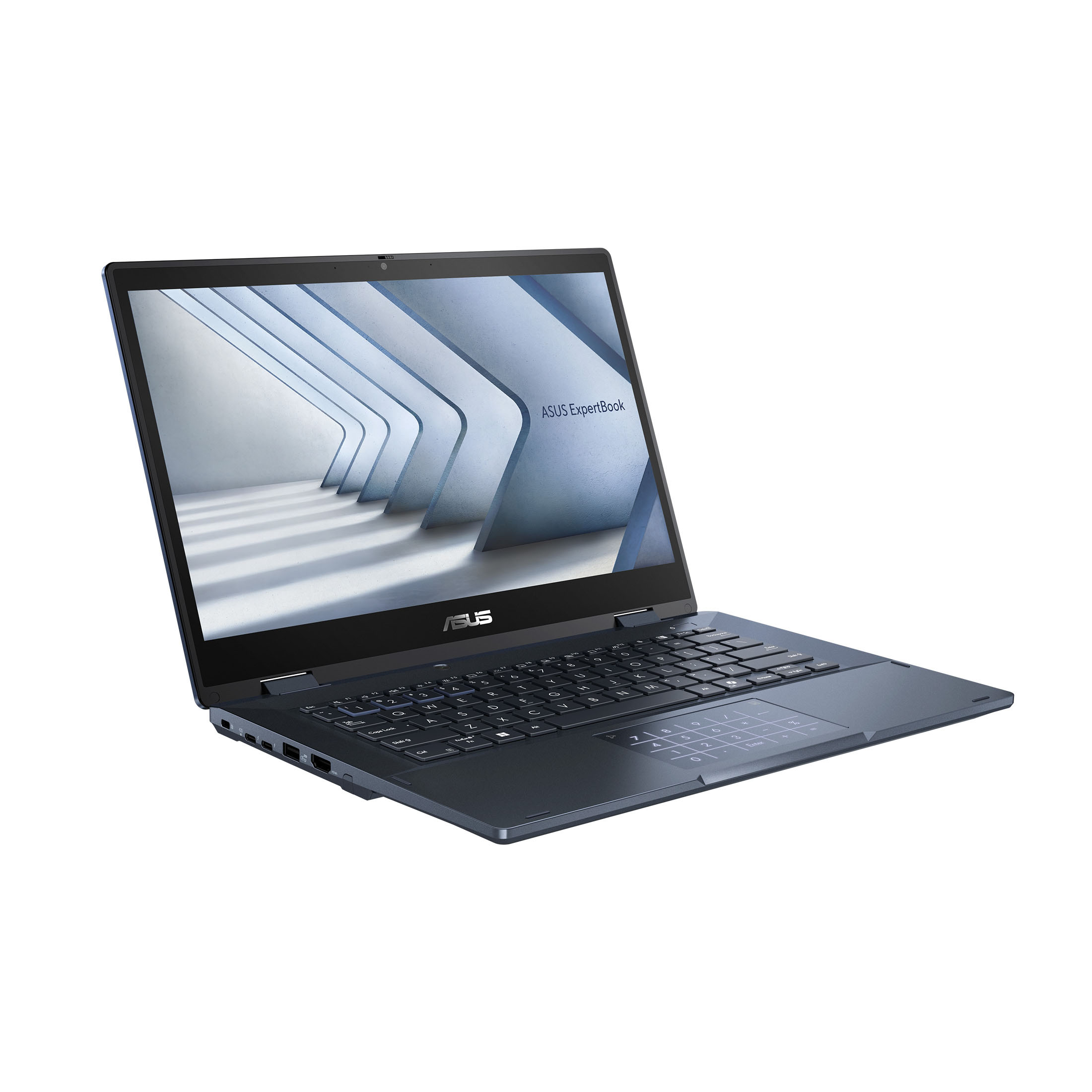 Dunkler Laptop mit offenem Bildschirm. Der Bildschirm zeigt eine blau-weiße Grafik. ASUS ExpertBook ist sichtbar.