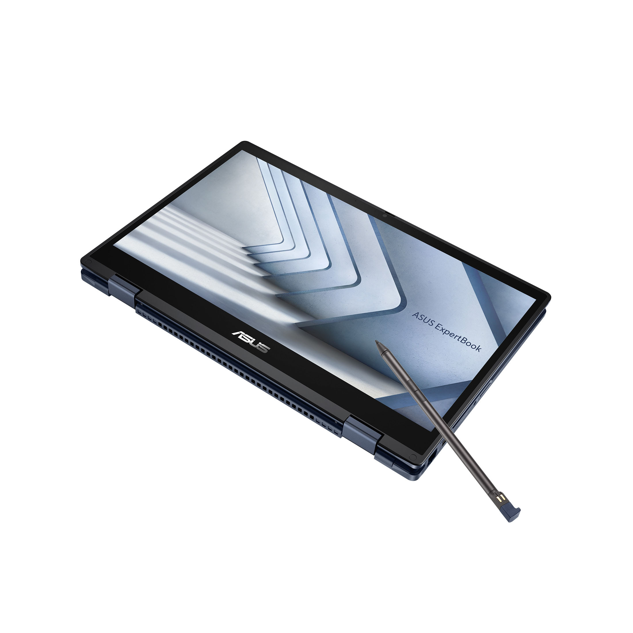 Ein geöffnetes ASUS ExpertBook Laptop mit Stift auf weißem Hintergrund.