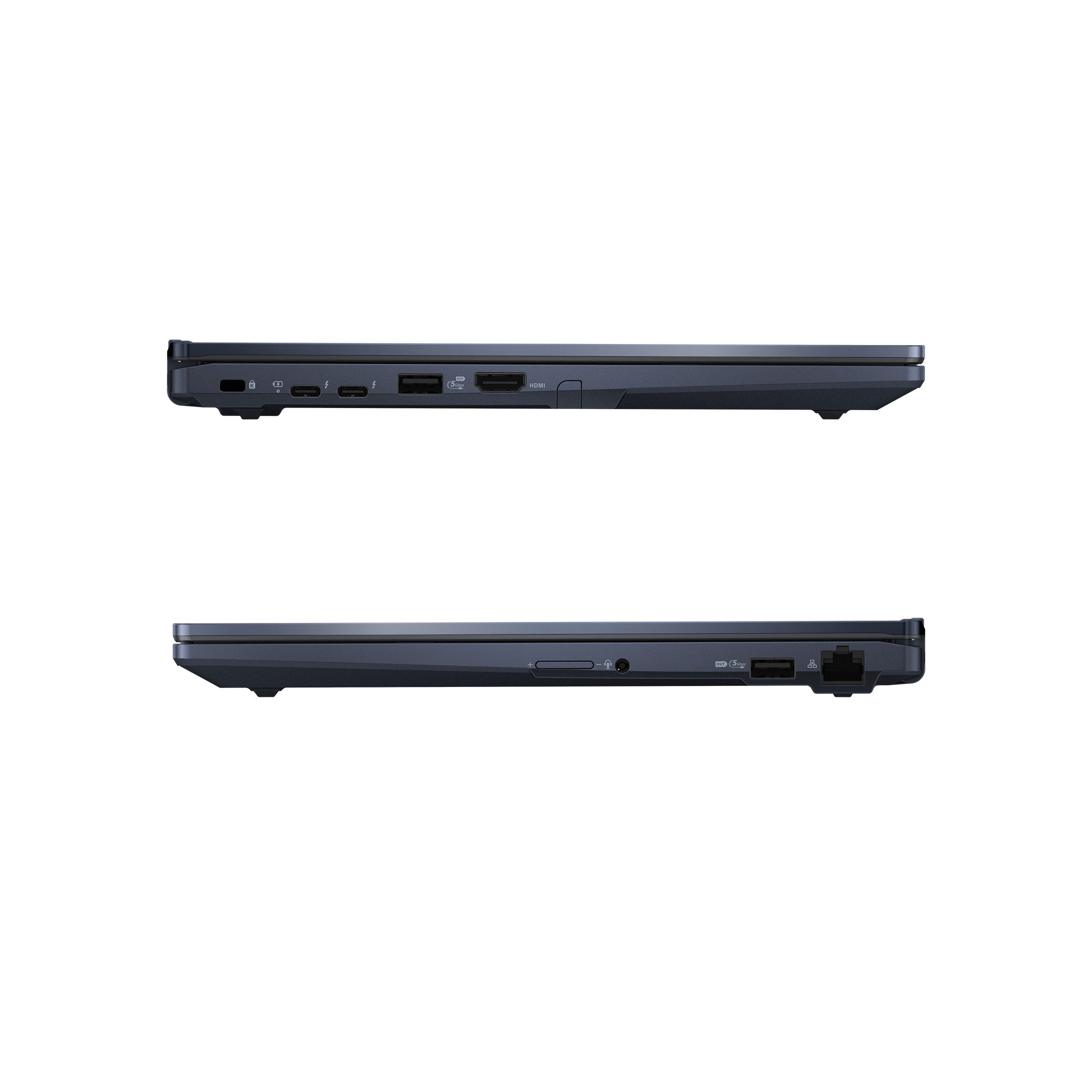 Zwei schwarze Laptops im Seitenansicht, die ihre Anschlüsse zeigen. Einer ist offen, der andere geschlossen. Weißer Hintergrund.