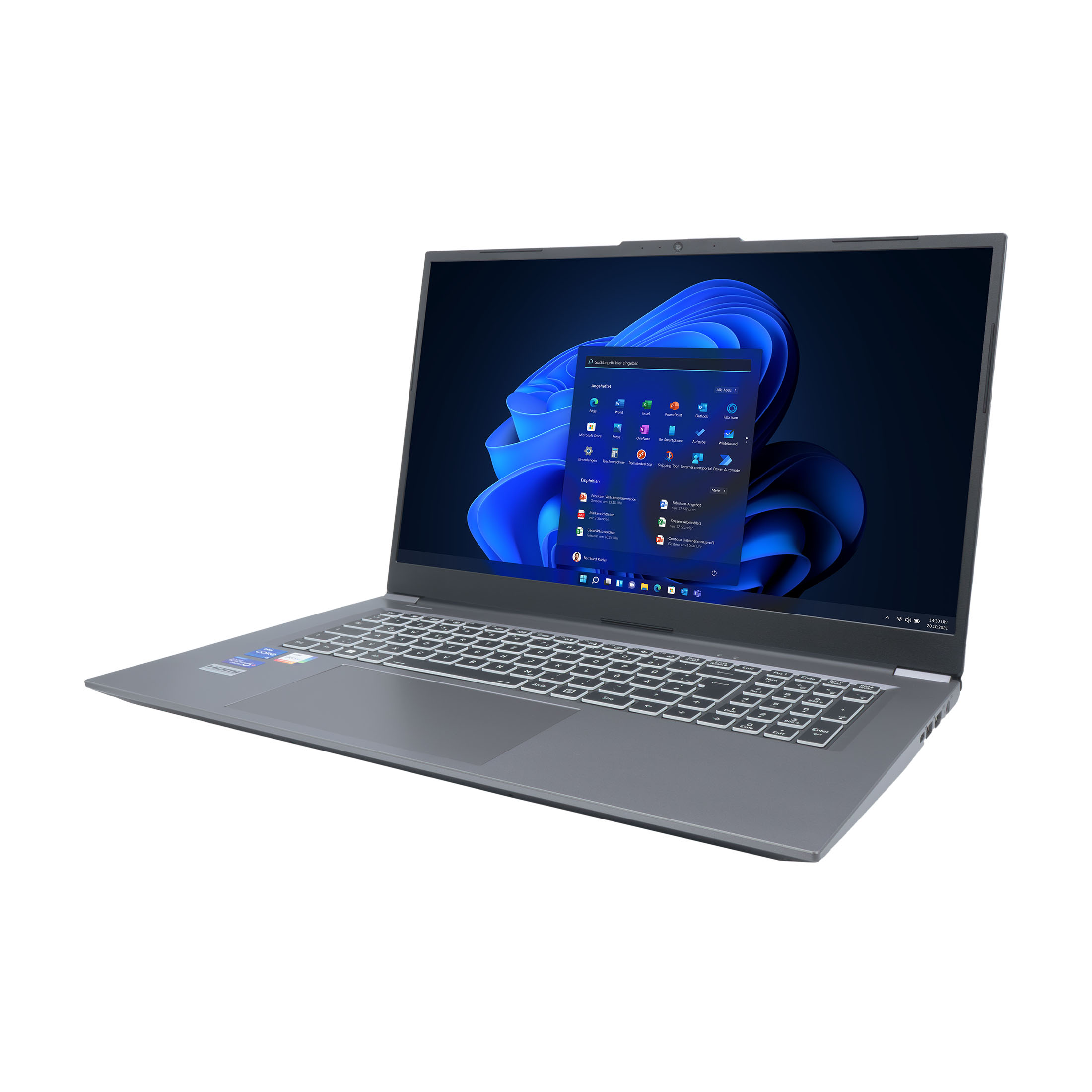 Grauer Laptop geöffnet, angewinkelte Ansicht, zeigt einen Bildschirm mit Windows-Oberfläche und weiße Tastatur.