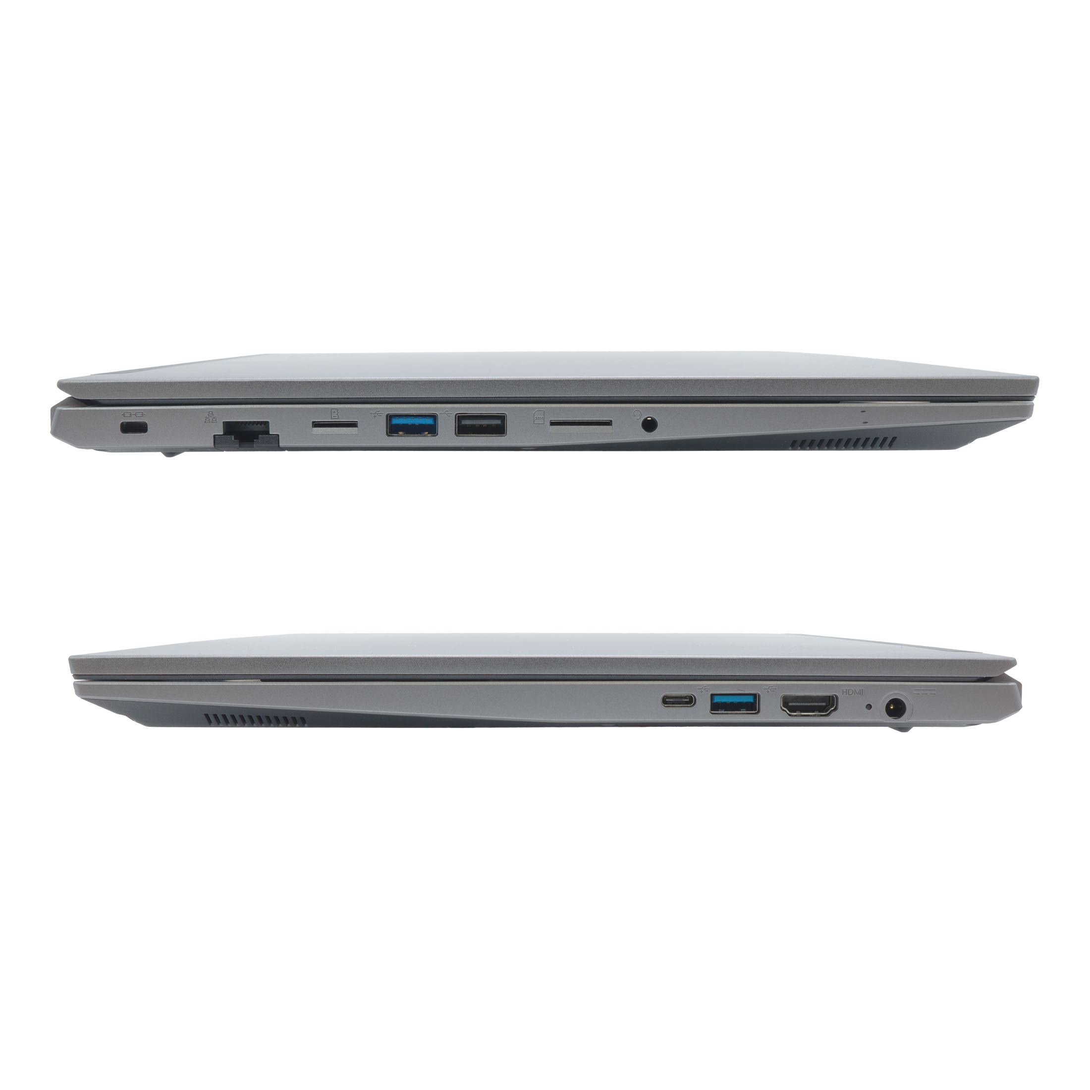 Zwei graue Laptops, Seitenansicht, isoliert auf weißem Hintergrund. Oberer Laptop hat Anschlüsse. Unterer Laptop hat andere Anschlüsse.