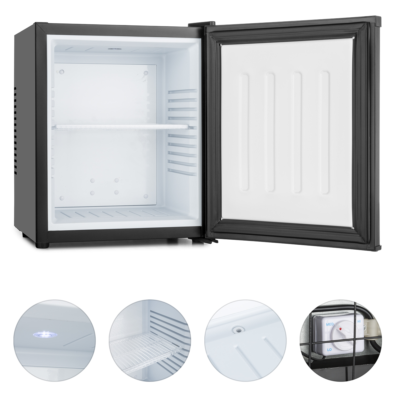Ein schwarzer Mini-Kühlschrank mit offener Tür, die Regale und ein Licht freigibt. Details des Inneren unten gezeigt.
