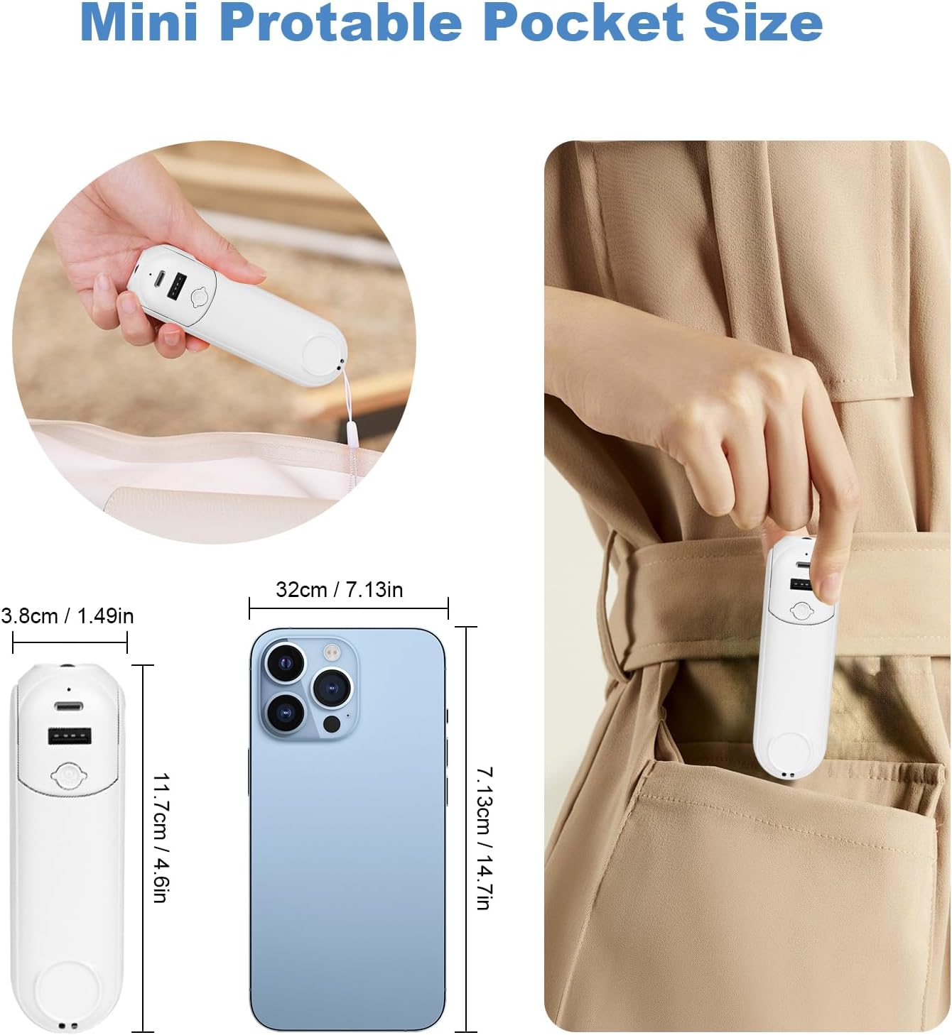 Das Bild zeigt einen weißen Mini-Ventilator, der von einer Person gehalten wird. Abmessungen sind angegeben, einschließlich Vergleich mit einem Telefon.