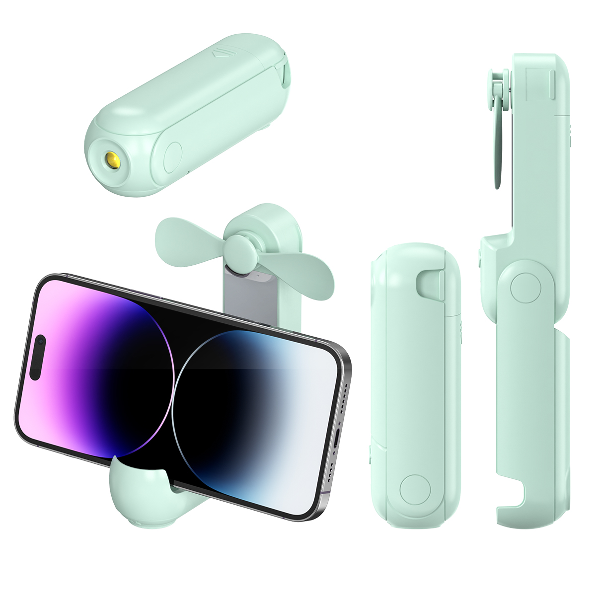 Mehrere mintgrüne Mini-Ventilatoren, einige mit Telefonen befestigt. Ein Ventilator hat ein Licht. Der andere hält das Telefon.