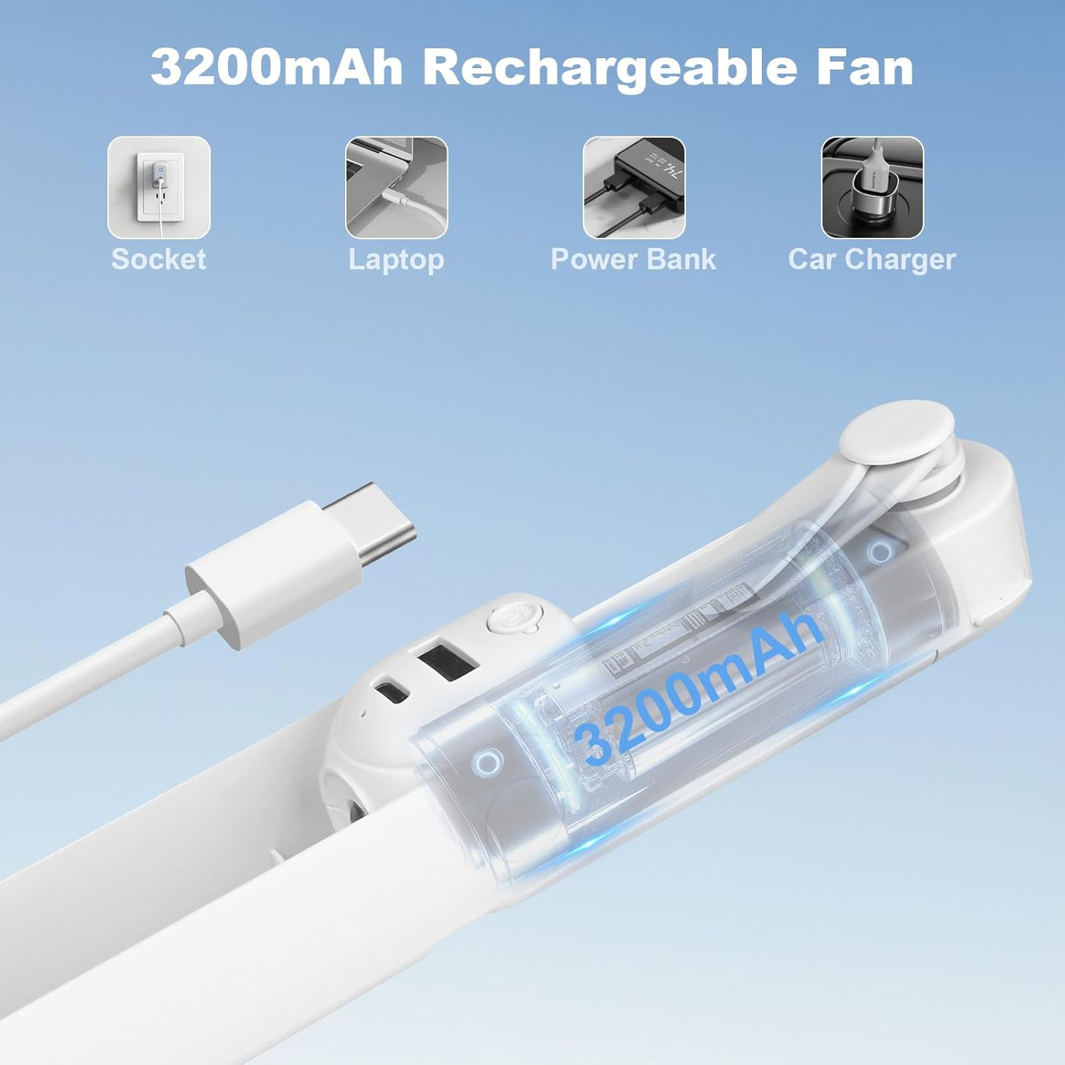 Ein weißer und transparenter Ventilator mit USB-Kabel, mit Symbolen für Ladeoptionen und einer Batterieanzeige.