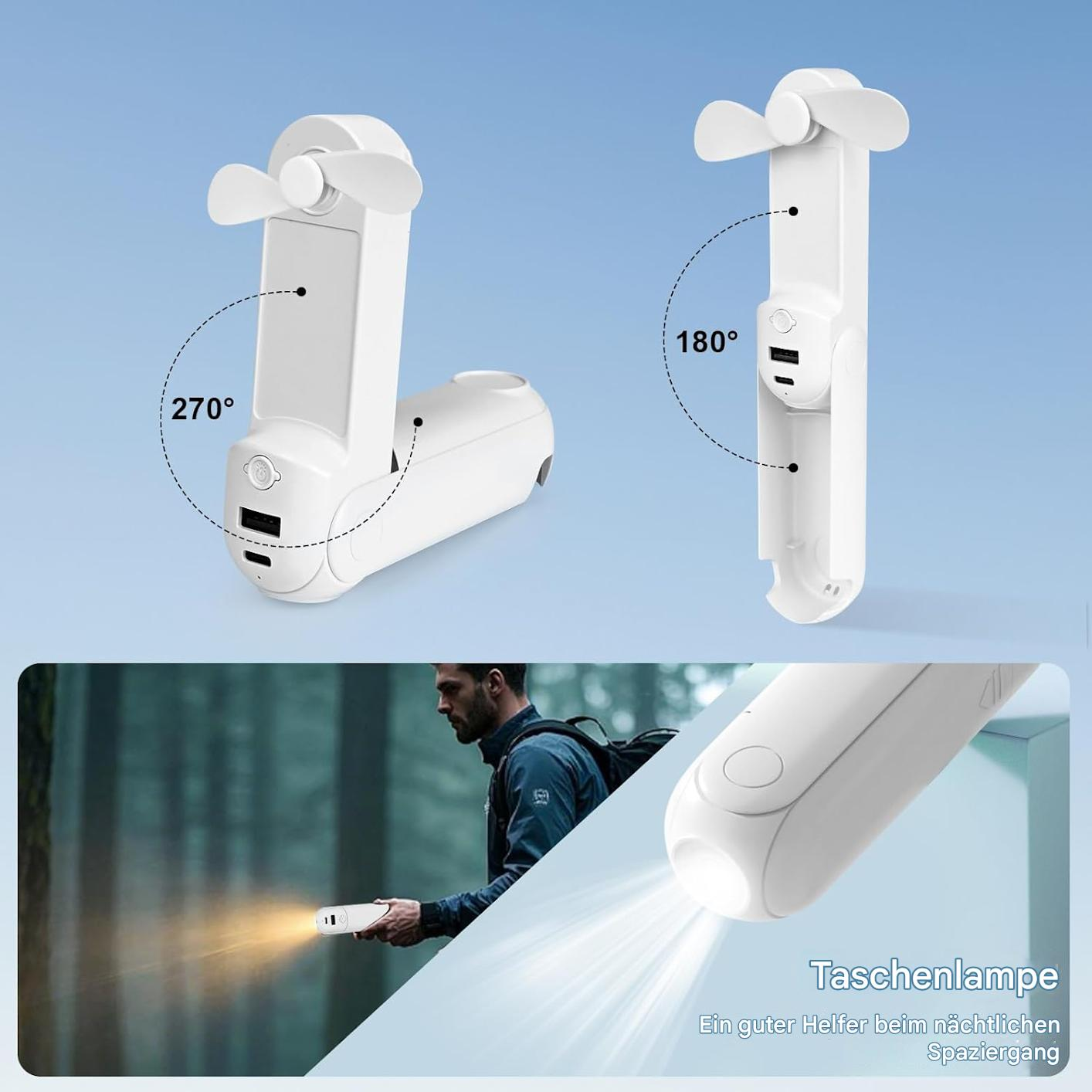 Zwei weiße Ventilatoren mit Winkelanzeigen und ein Mann, der den Ventilator als Taschenlampe benutzt. Text sagt 'Taschenlampe'.