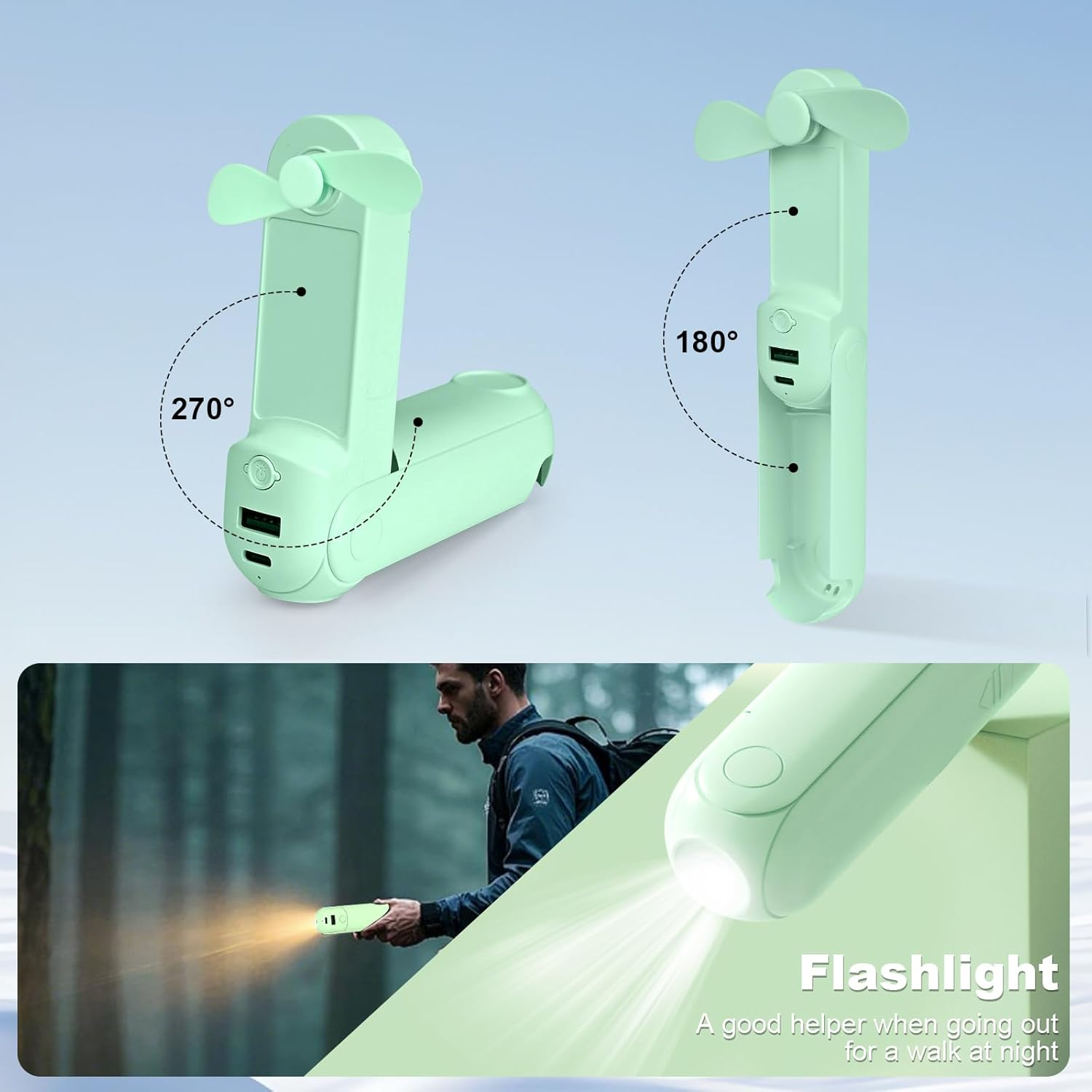 Ein Ventilator mit 270- und 180-Grad-Winkeln, eine Taschenlampe und ein Mann im Wald, der die Taschenlampe benutzt.