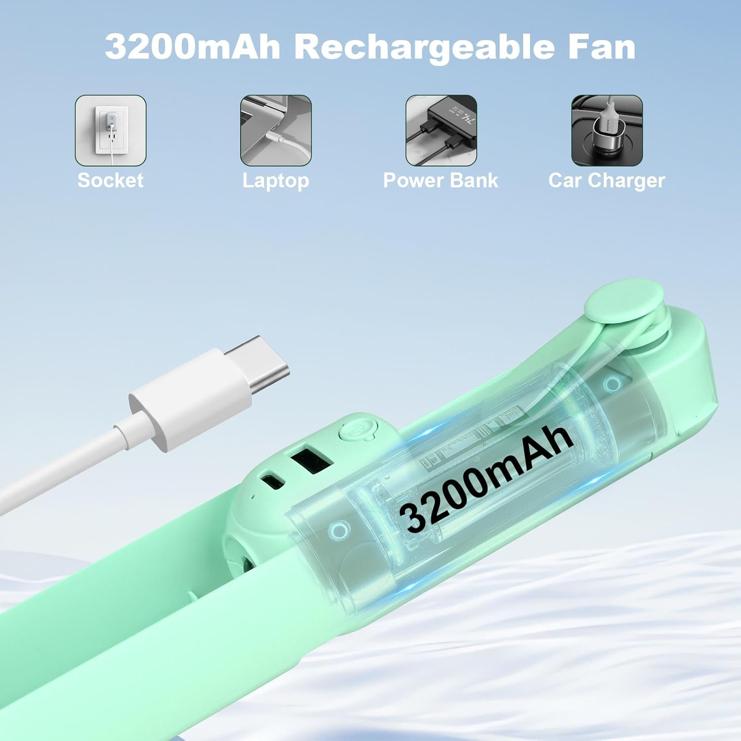 Das Bild zeigt einen mintgrünen Ventilator und seine Lademöglichkeiten. Es zeigt, dass der Ventilator wiederaufladbar ist und einen 3200mAh Akku hat.