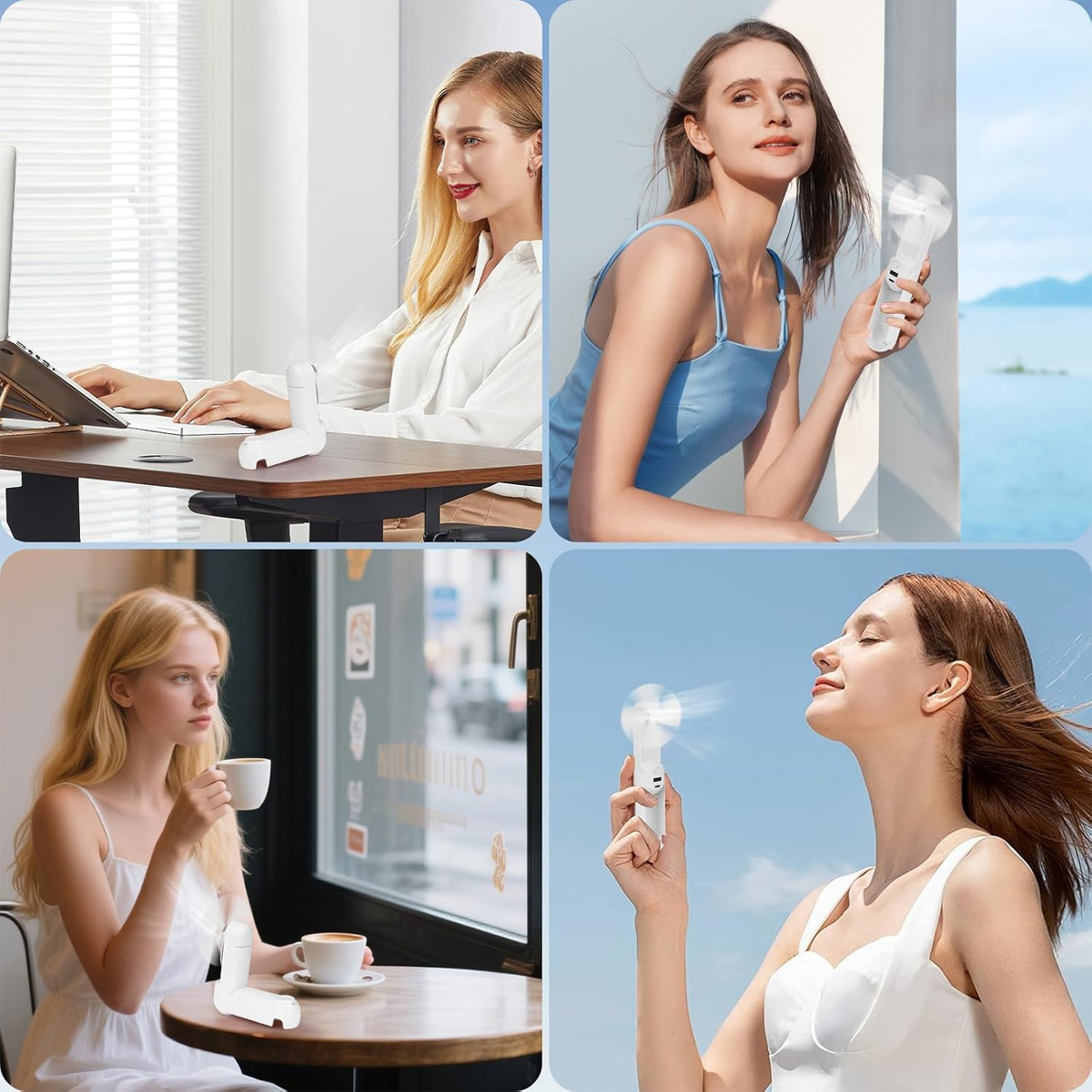 Vier Bilder von Frauen, die weiße Ventilatoren benutzen. Sie sind an einem Schreibtisch, draußen, in einem Café und in Wassernähe. Alle benutzen den Ventilator.