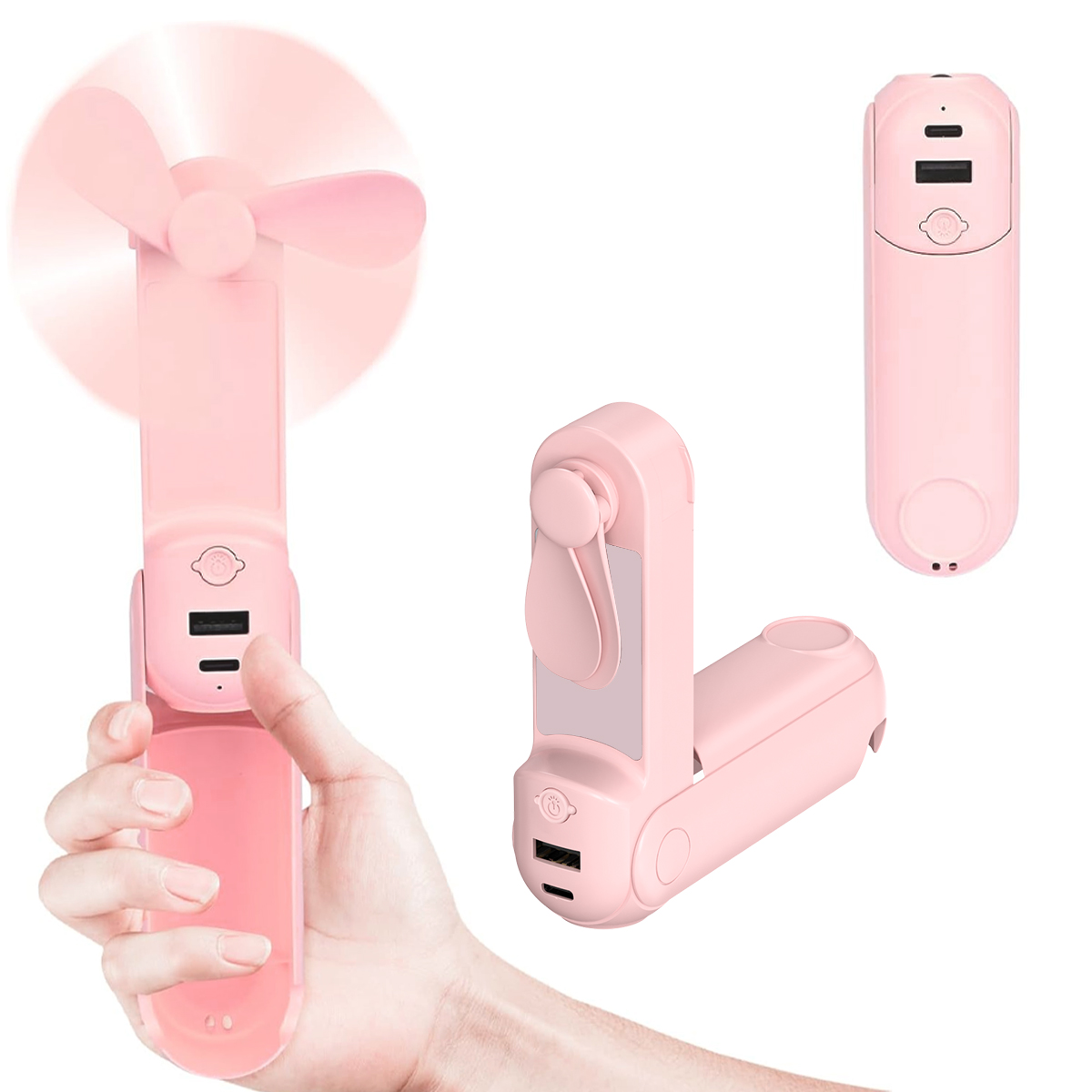 Hand hält einen pinkfarbenen, faltbaren Ventilator. Der Ventilator hat einen USB-Anschluss. Verschiedene Winkel des Ventilators werden gezeigt.