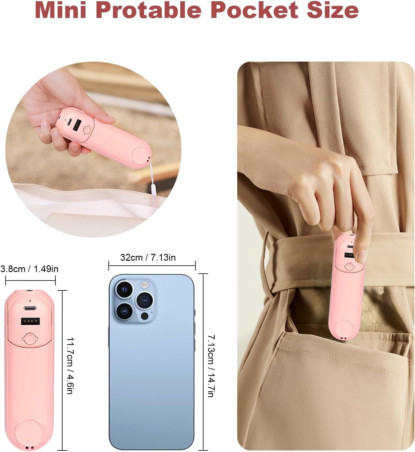 Ein rosa Mini-Ventilator mit Abmessungen neben einem Telefon. Eine Person hält den Ventilator in der Hand.