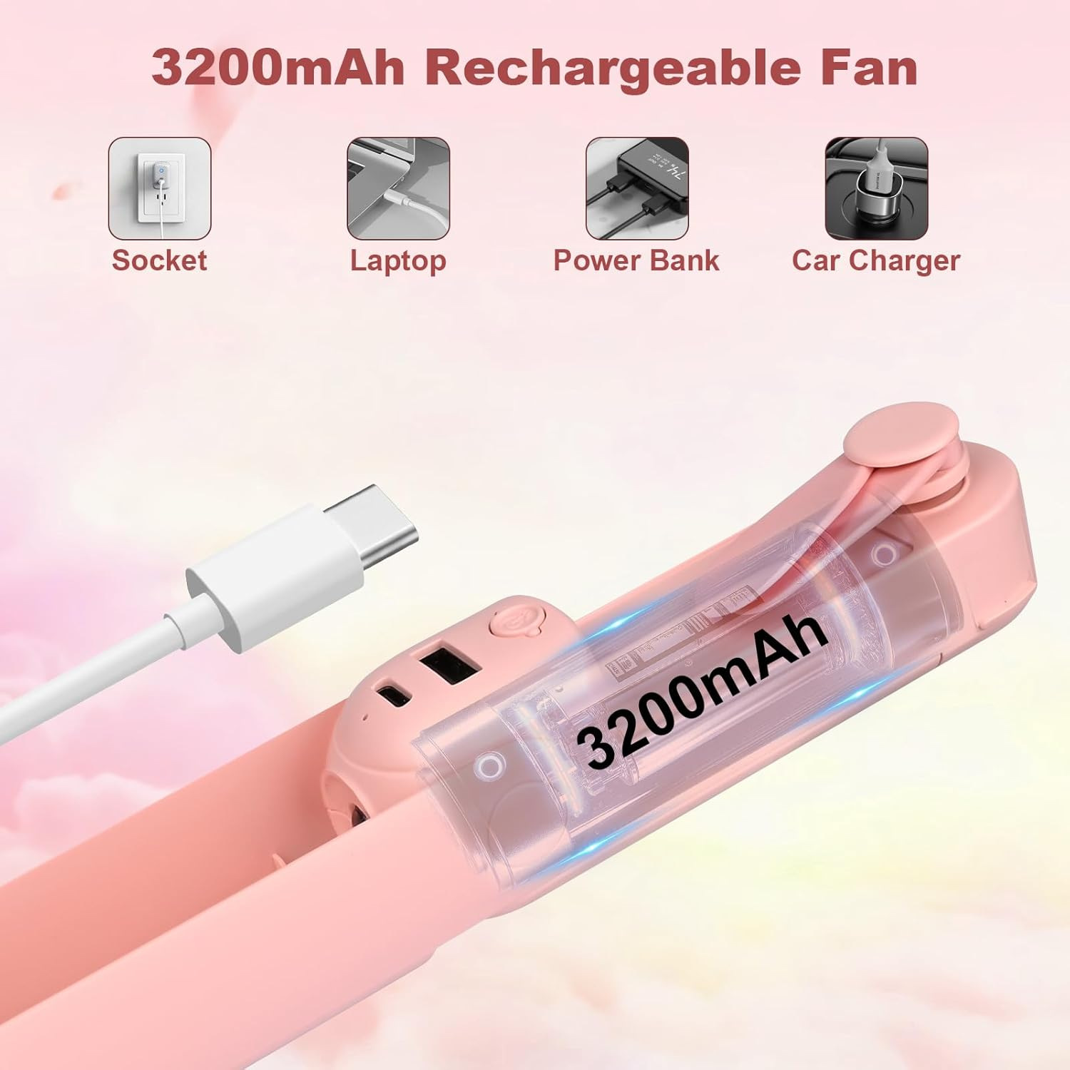 Pinkfarbener, wiederaufladbarer Ventilator mit USB-C-Kabel. Es zeigt Stromquellen wie Steckdose, Laptop, Powerbank und Autoladegerät.