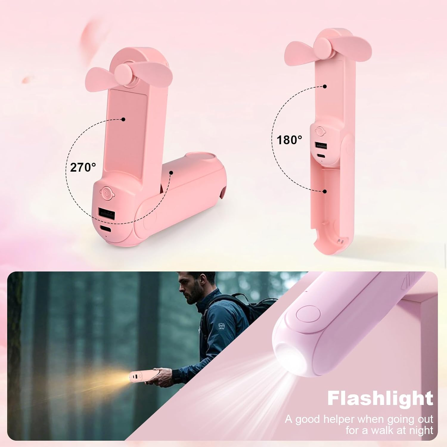 Pinkfarbener Ventilator mit Taschenlampenfunktion. Er hat 180- und 270-Grad-Winkel. Ein Mann benutzt die Taschenlampe.