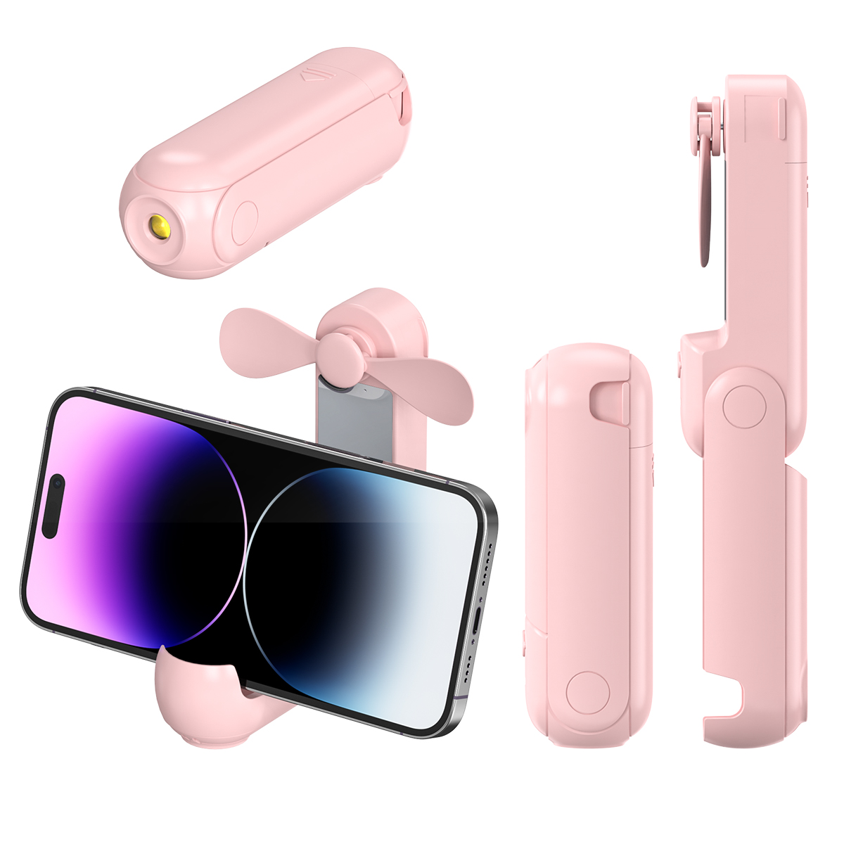 Pinkfarbener Ventilator und Telefonständer mit einem Telefon. Der Ventilator kann als Taschenlampe verwendet werden. Verschiedene Winkel werden gezeigt.