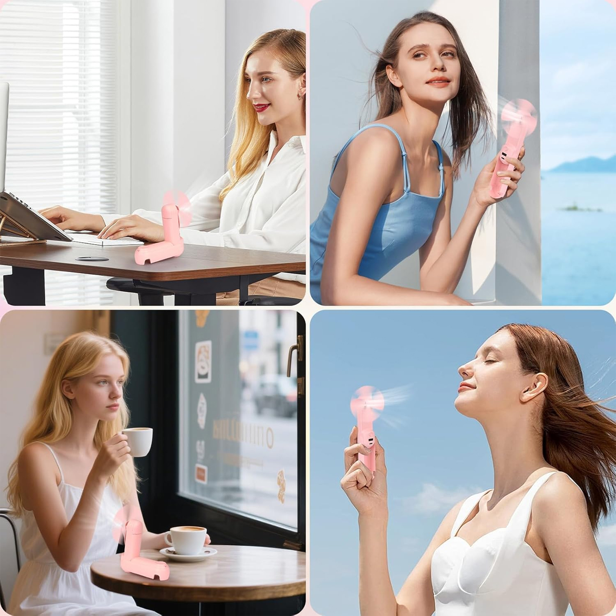 Vier Bilder von Frauen, die pinkfarbene, tragbare Ventilatoren benutzen. Sie befinden sich in verschiedenen Umgebungen: Büro, im Freien, Café.
