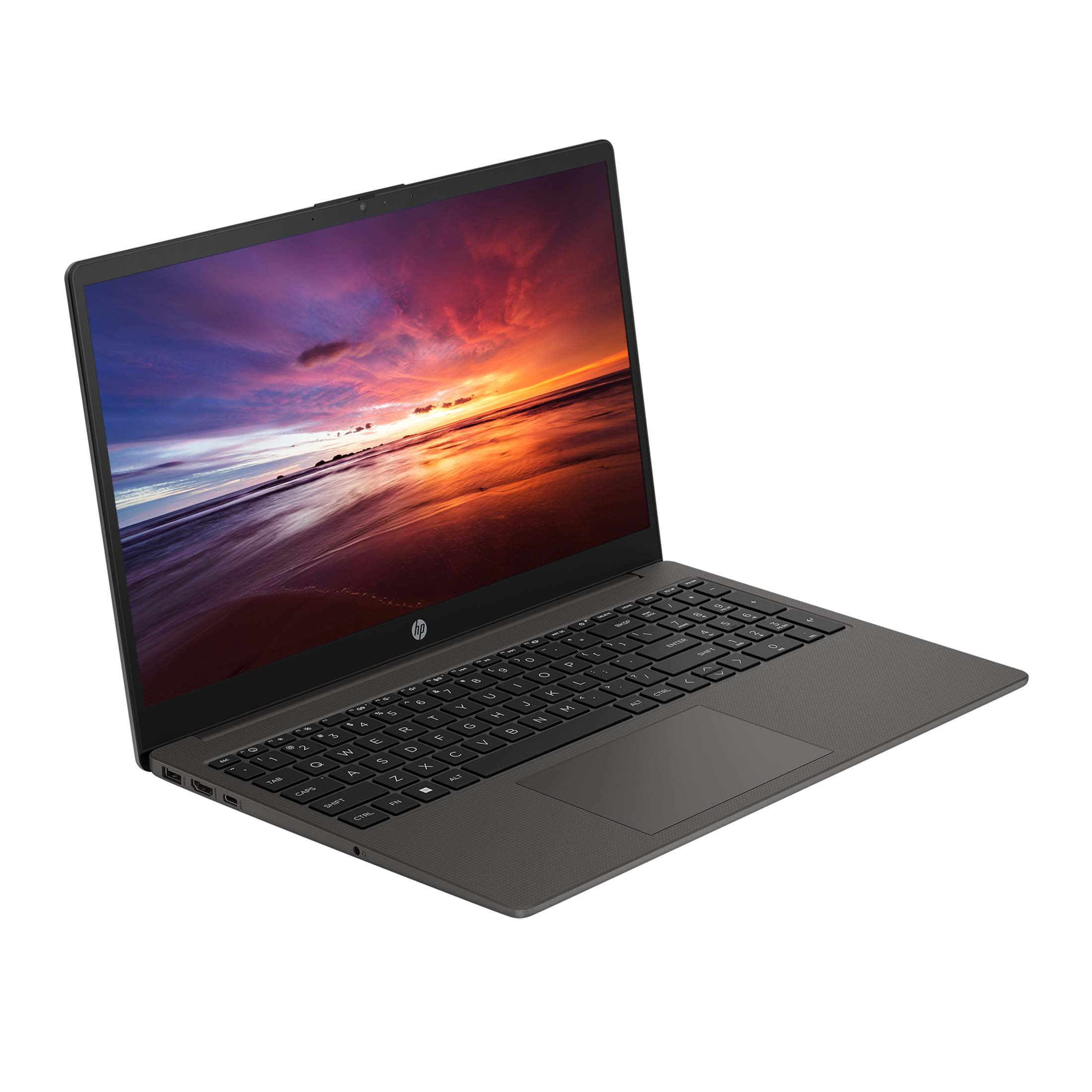 Dunkelgrauer Laptop in einem Winkel. Bildschirm zeigt Sonnenuntergang über Wasser. Tastatur sichtbar. HP-Logo.