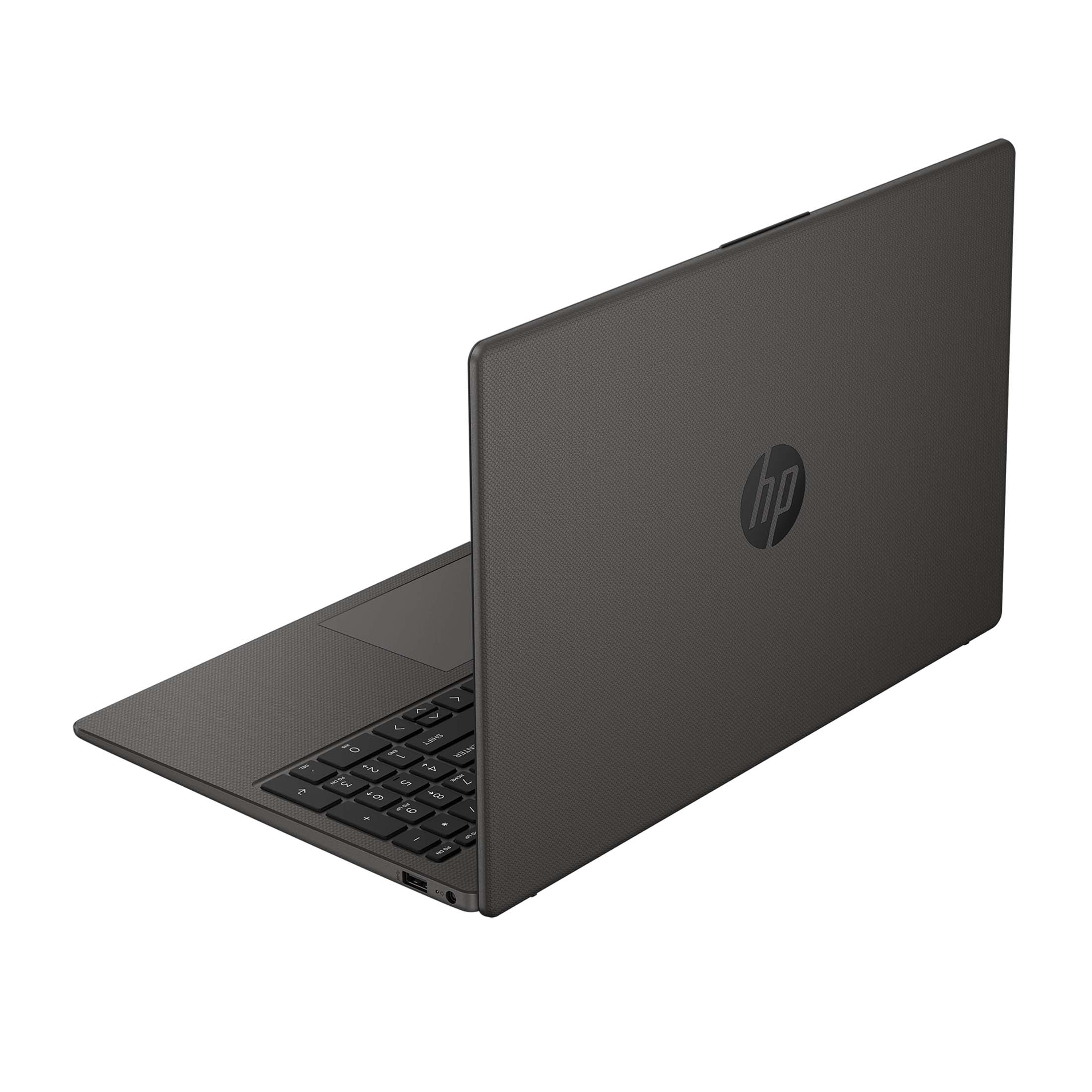 Dunkelgraue Laptop-Rückseite. Das HP-Logo ist mittig. Das Gehäuse hat ein strukturiertes Muster.