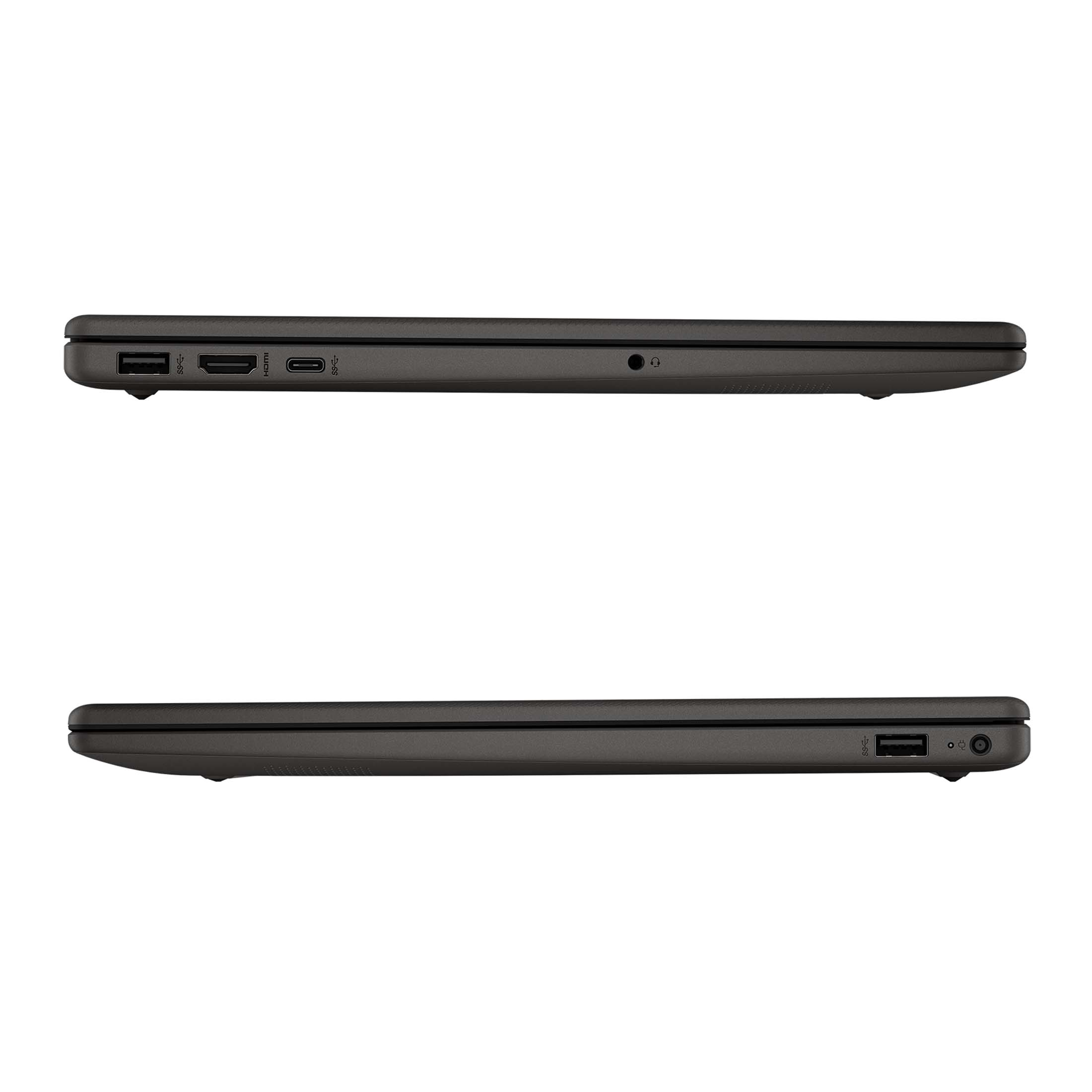 Zwei Ansichten der Seite eines dunkelgrauen Laptops. Anschlüsse und Lüfter sind sichtbar. Weißer Hintergrund.