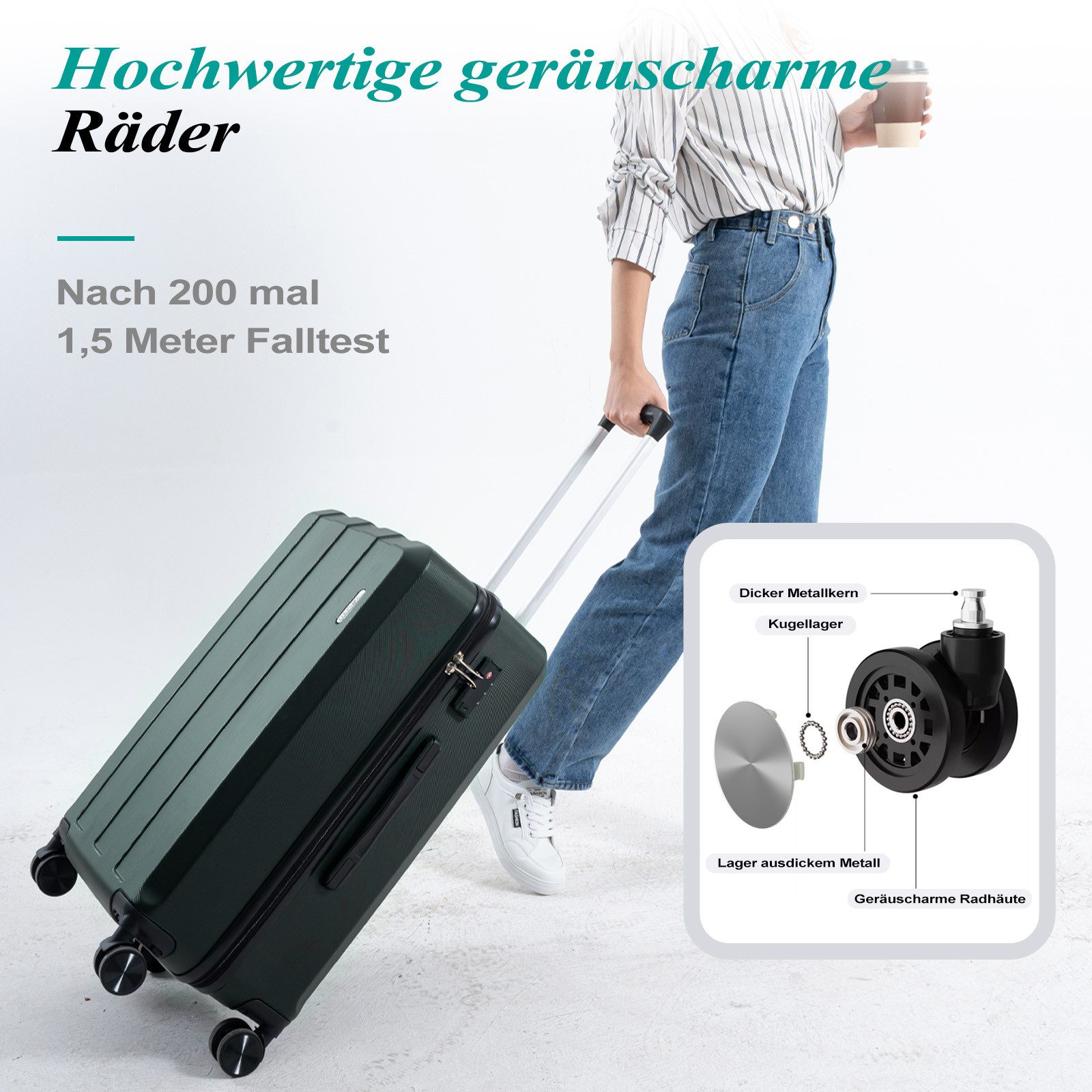 Eine Frau zieht einen grünen Koffer. Diagramm zeigt Radkomponenten.