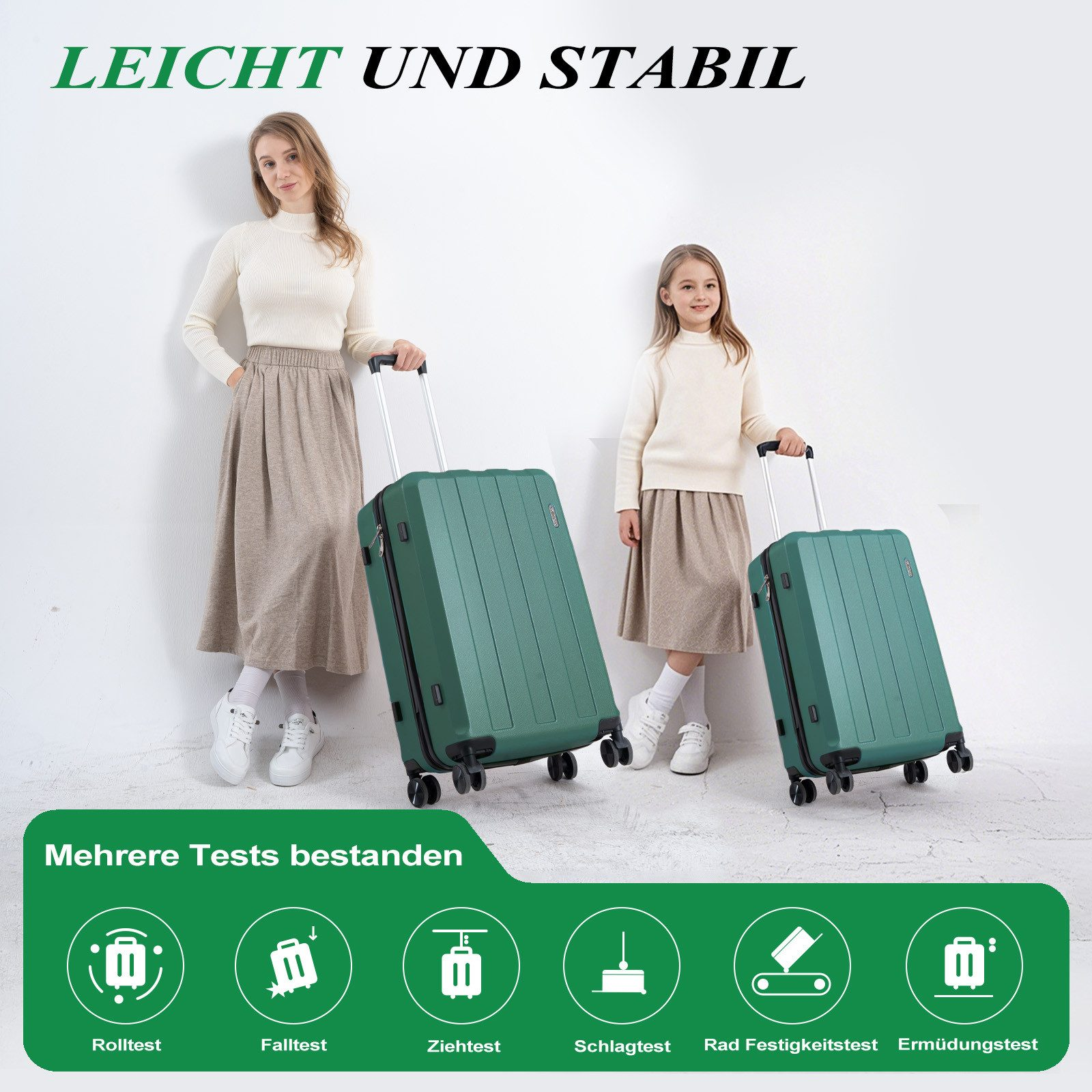 Frau und Kind mit grünen Koffern. Symbole unten zeigen bestandene Tests: Rolle, Fall, Zug, Aufprall, Radhaltbarkeit und Ermüdungstests.