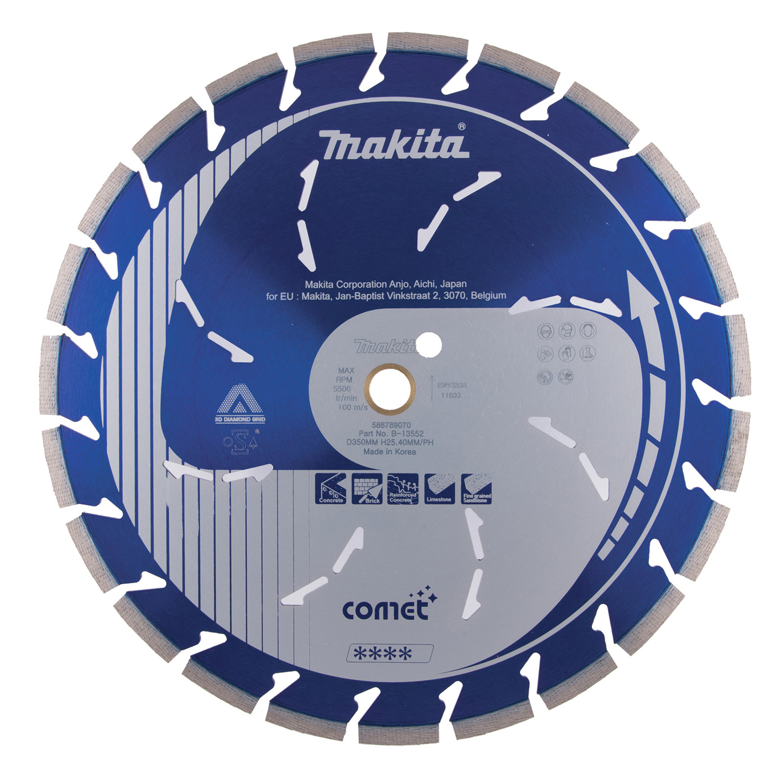 Kreissägeblatt mit blauen und silbernen Abschnitten. Es hat das Makita-Logo und Comet-Text.