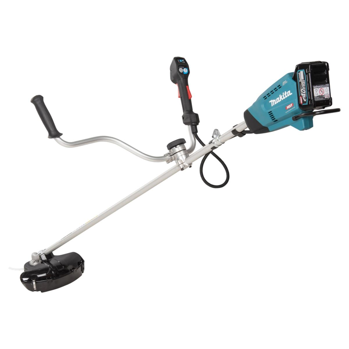 Makita Fadentrimmer mit schwarzem Griff, Akku und blauem Motorgehäuse. Der Trimmer ist weiß.