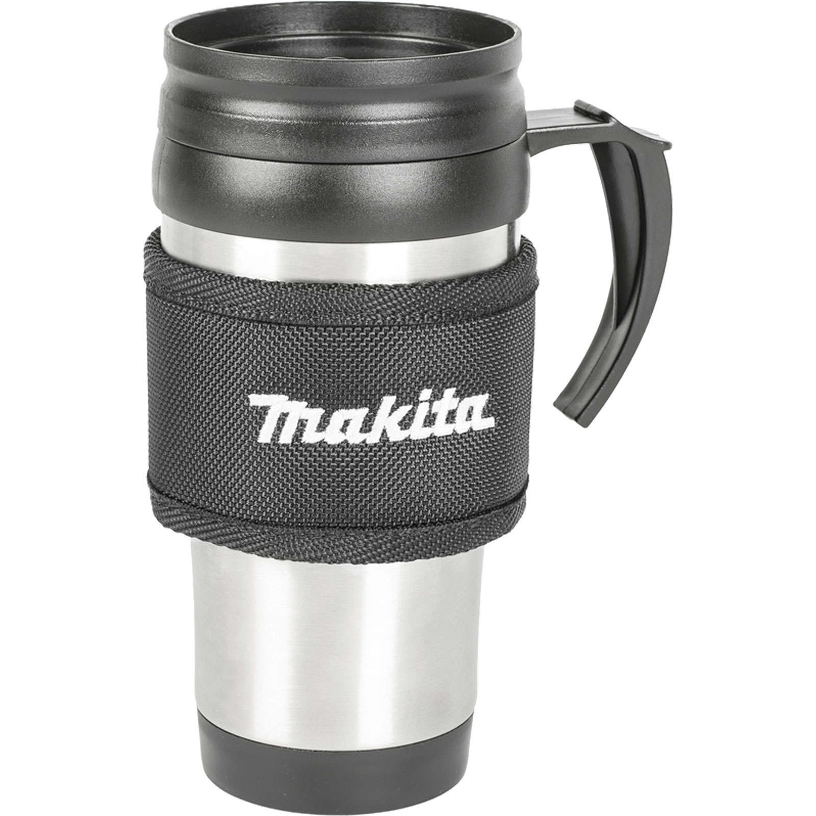 Ein Edelstahl-Reisebecher mit schwarzem Griff und Deckel. Er hat eine schwarze Stoffhülle mit 'Makita'.