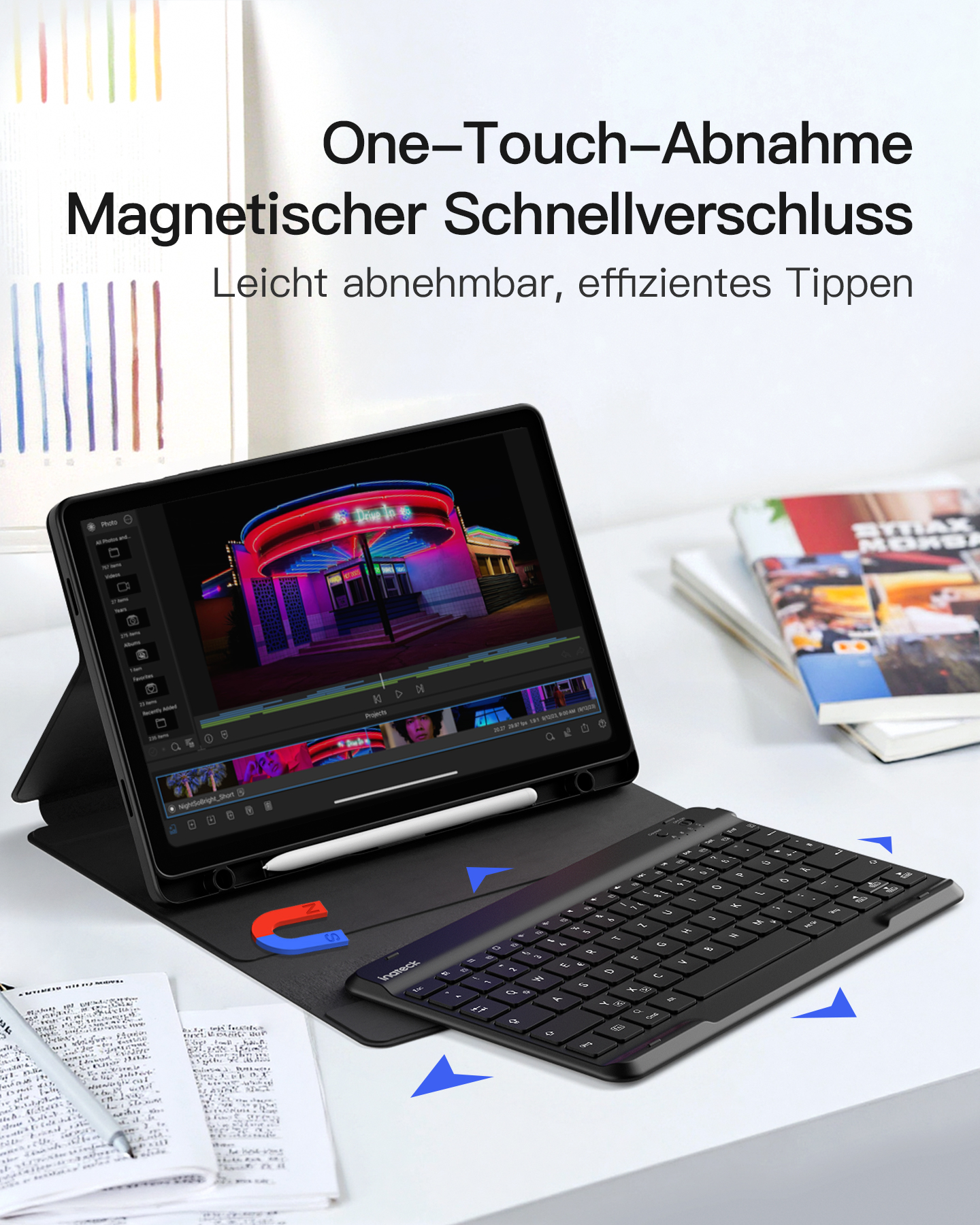Tablet con custodia per tastiera e stilo. Lo schermo mostra un'interfaccia di editing video.