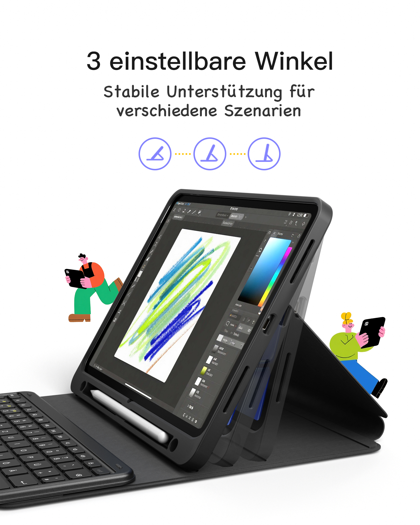 Ein iPad in einer Hülle mit drei verschiedenen Betrachtungswinkeln, mit zwei Cartoonfiguren, die Tablets verwenden.