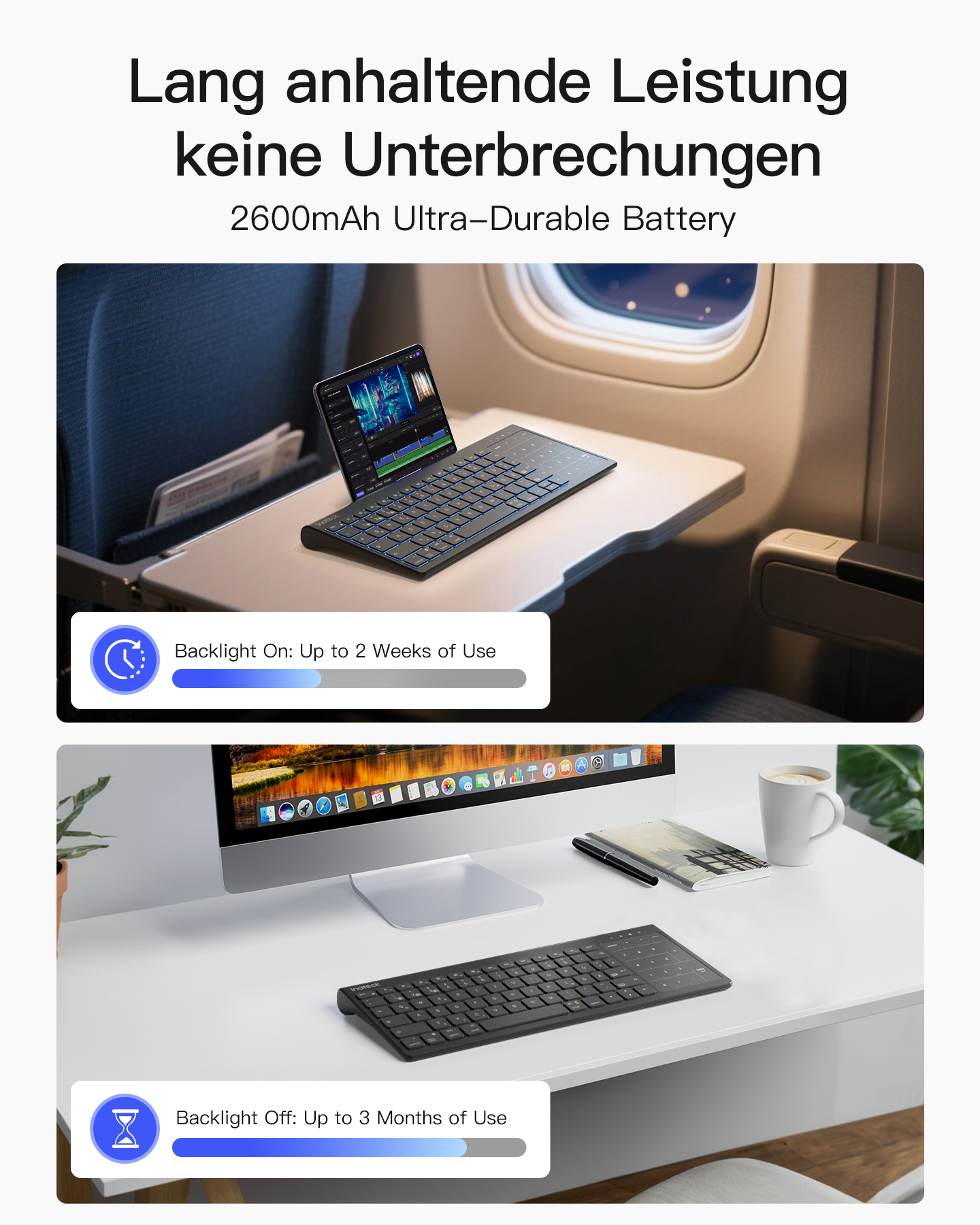 Zwei Bilder. Eins mit einer Tastatur auf einem Tabletttisch in einem Flugzeug. Eines mit Tastatur auf einem Schreibtisch.