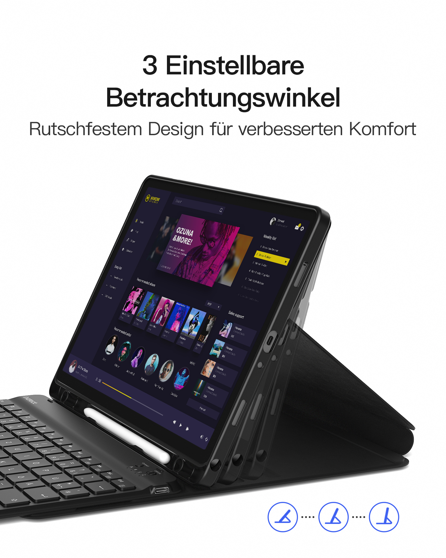 Un iPad in una custodia, che mostra tre angolazioni di visione regolabili, con una tastiera collegata.