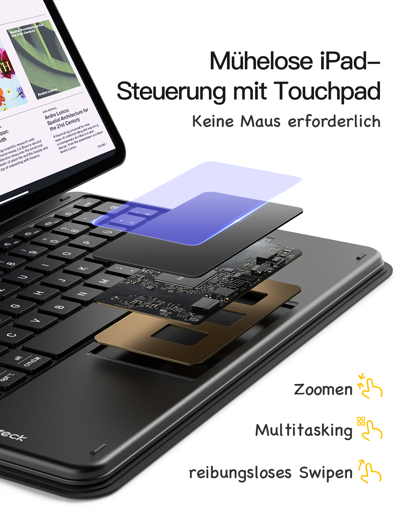 Ein iPad mit einer Tastatur, die ein Touchpad und zugehörige Funktionen zum Zoomen und Multitasking zeigt.