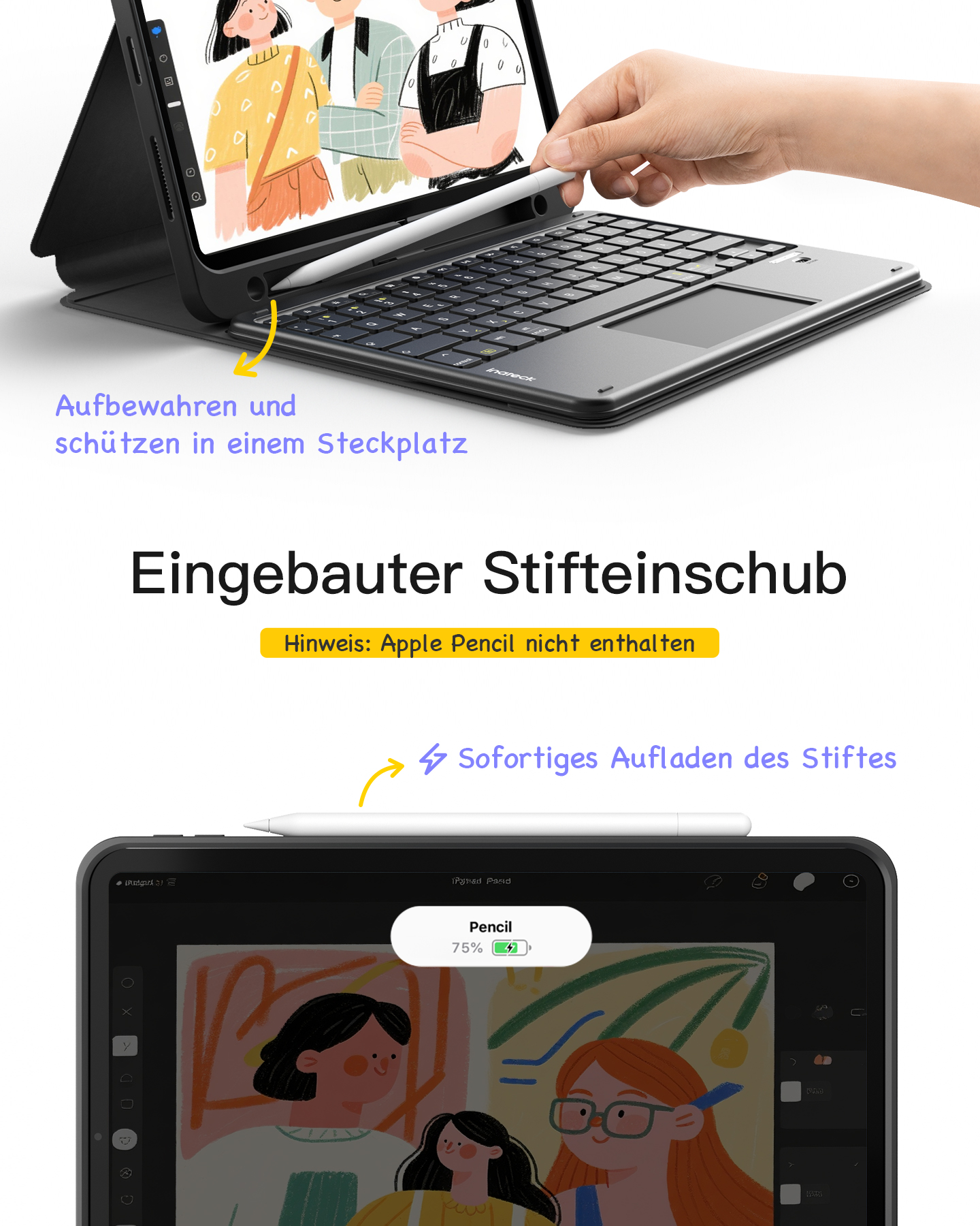 Tablet mit Tastatur und Stift. Der Stift wird geladen. Der Bildschirm zeigt eine Zeichnung und den Batteriestatus.